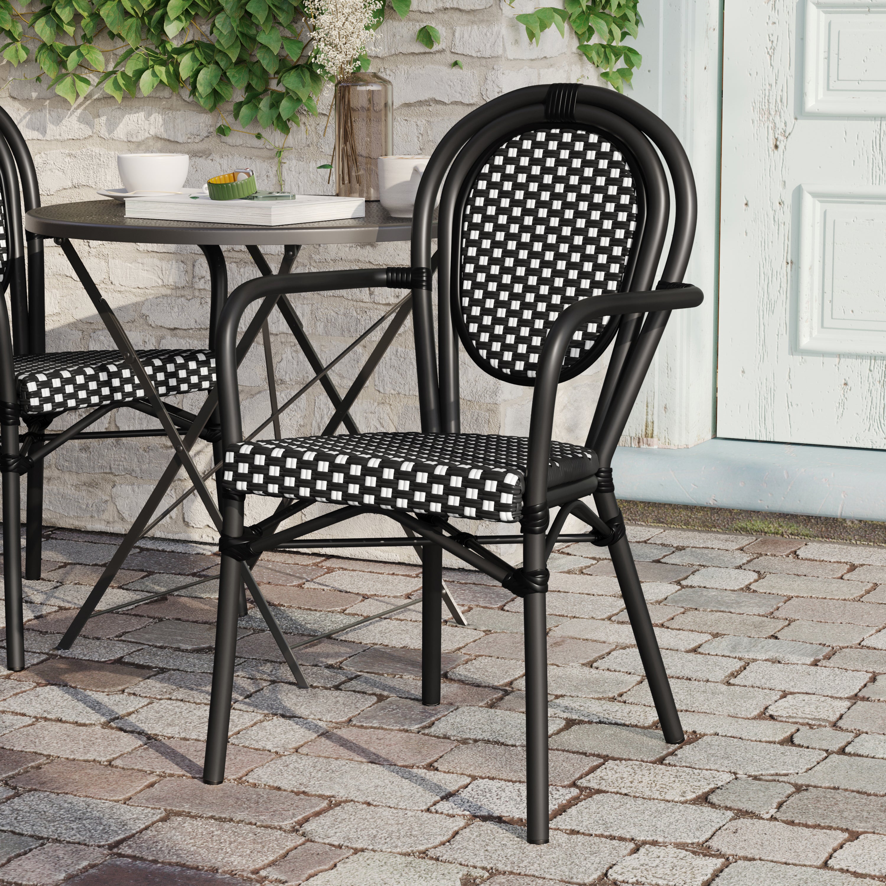 Lourdes Indoor/Outdoor Commercial Thonet Bistro Stacking Chair with Arms, Black and White PE Rattan and Black Aluminum Frame