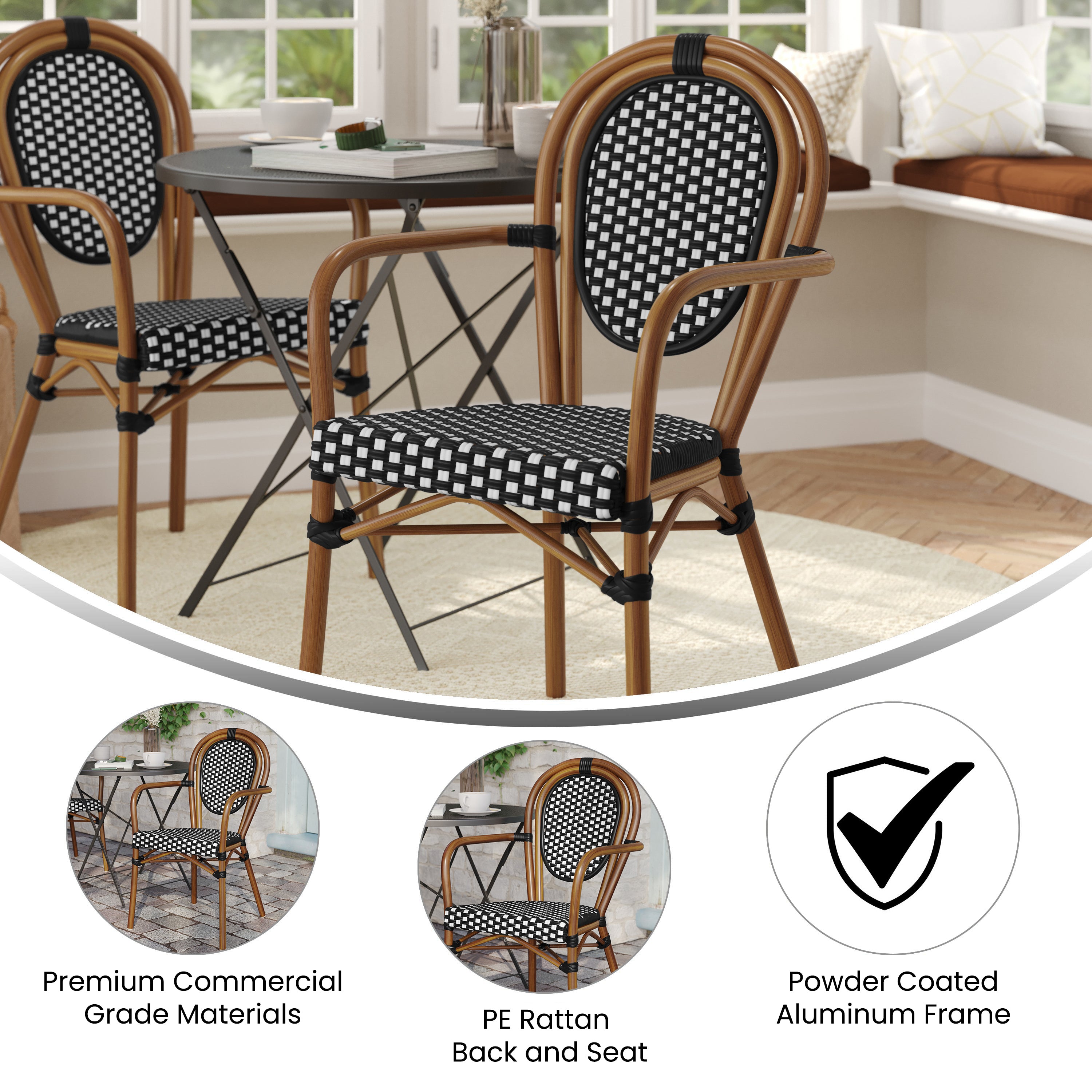 Lourdes Indoor/Outdoor Commercial Thonet Bistro Stacking Chair with Arms, Black and White PE Rattan and Bamboo Print Aluminum Frame