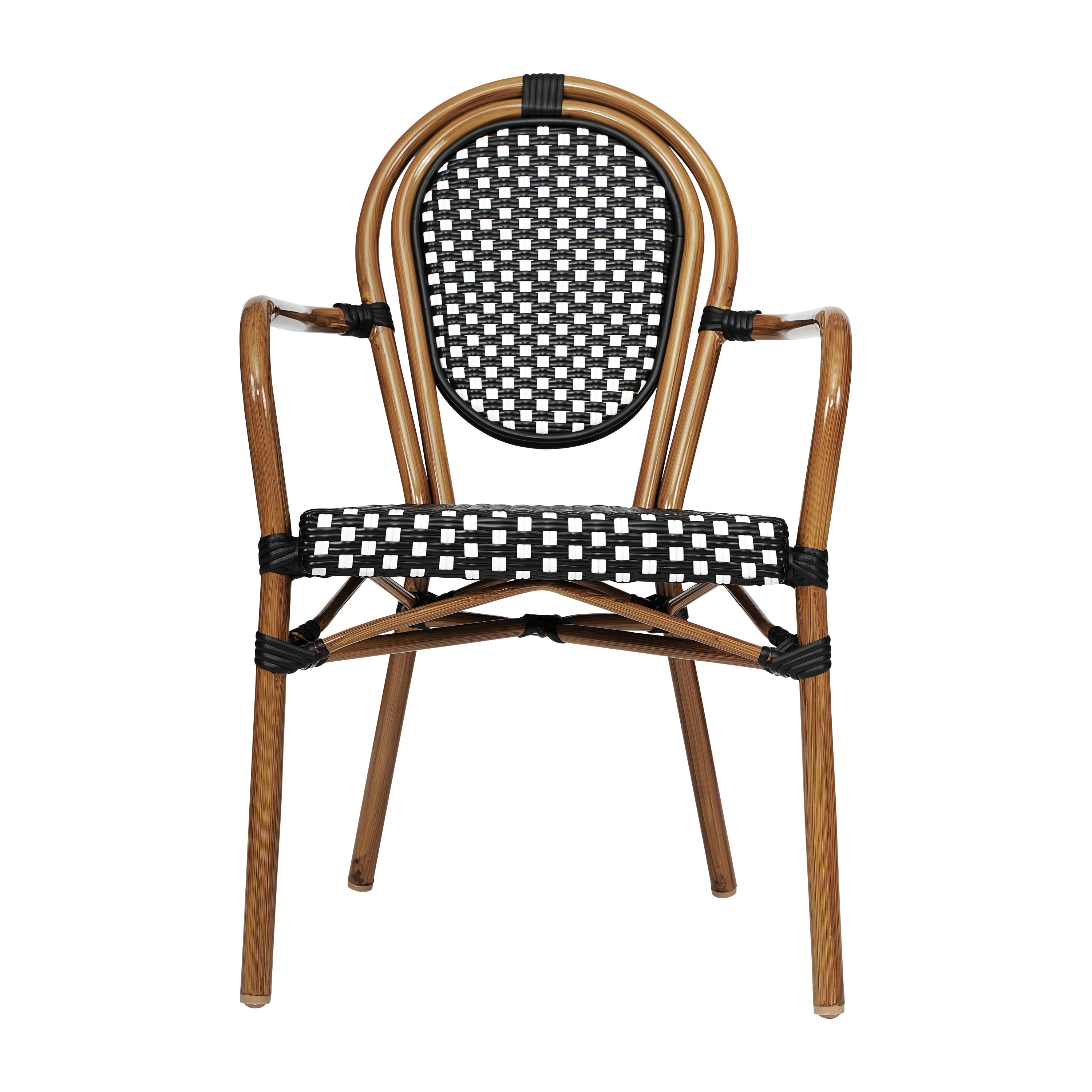 Lourdes Indoor/Outdoor Commercial Thonet Bistro Stacking Chair with Arms, Black and White PE Rattan and Bamboo Print Aluminum Frame