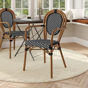 Lourdes Indoor/Outdoor Commercial Thonet Bistro Stacking Chair with Arms, Black and White PE Rattan and Bamboo Print Aluminum Frame