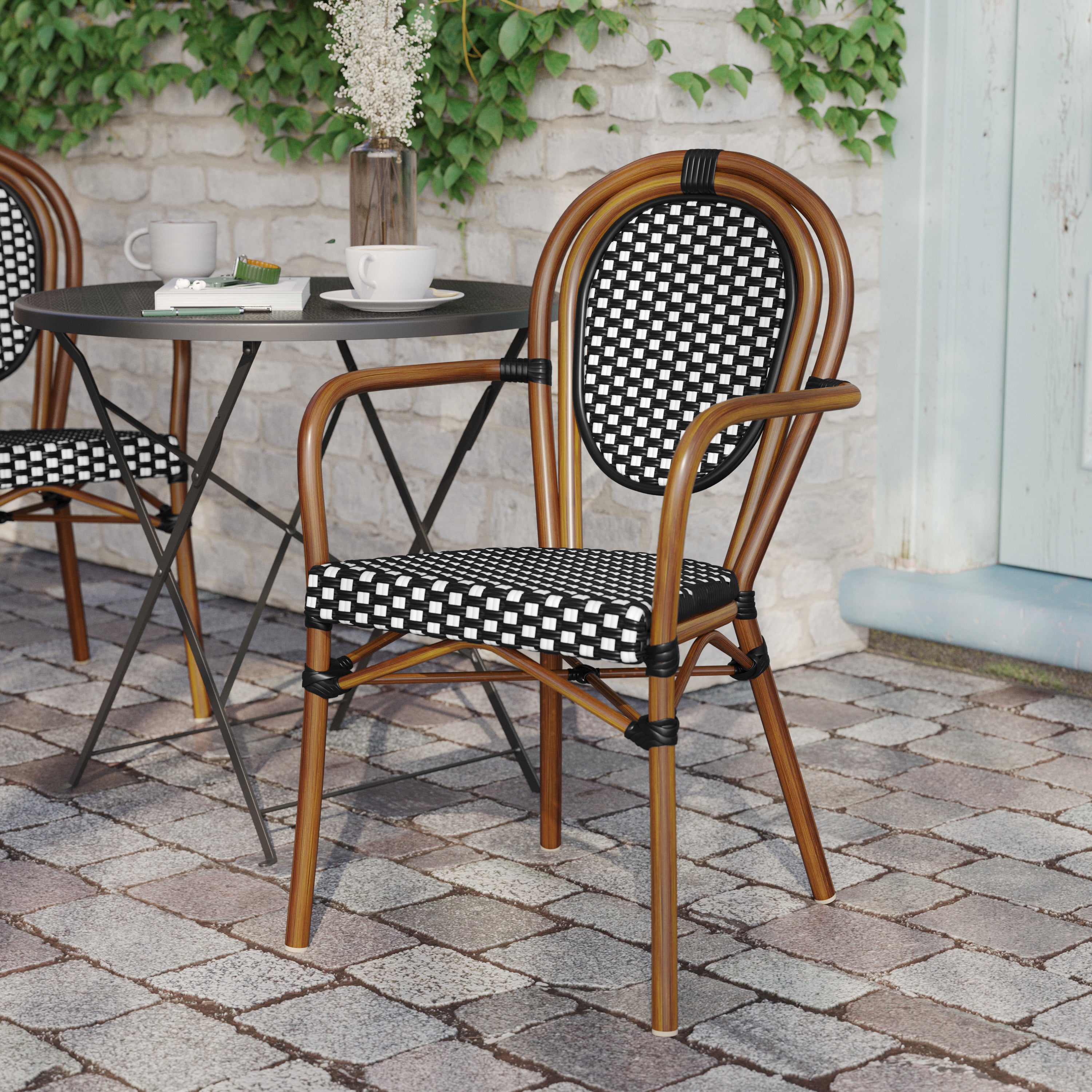 Lourdes Indoor/Outdoor Commercial Thonet Bistro Stacking Chair with Arms, Black and White PE Rattan and Bamboo Print Aluminum Frame