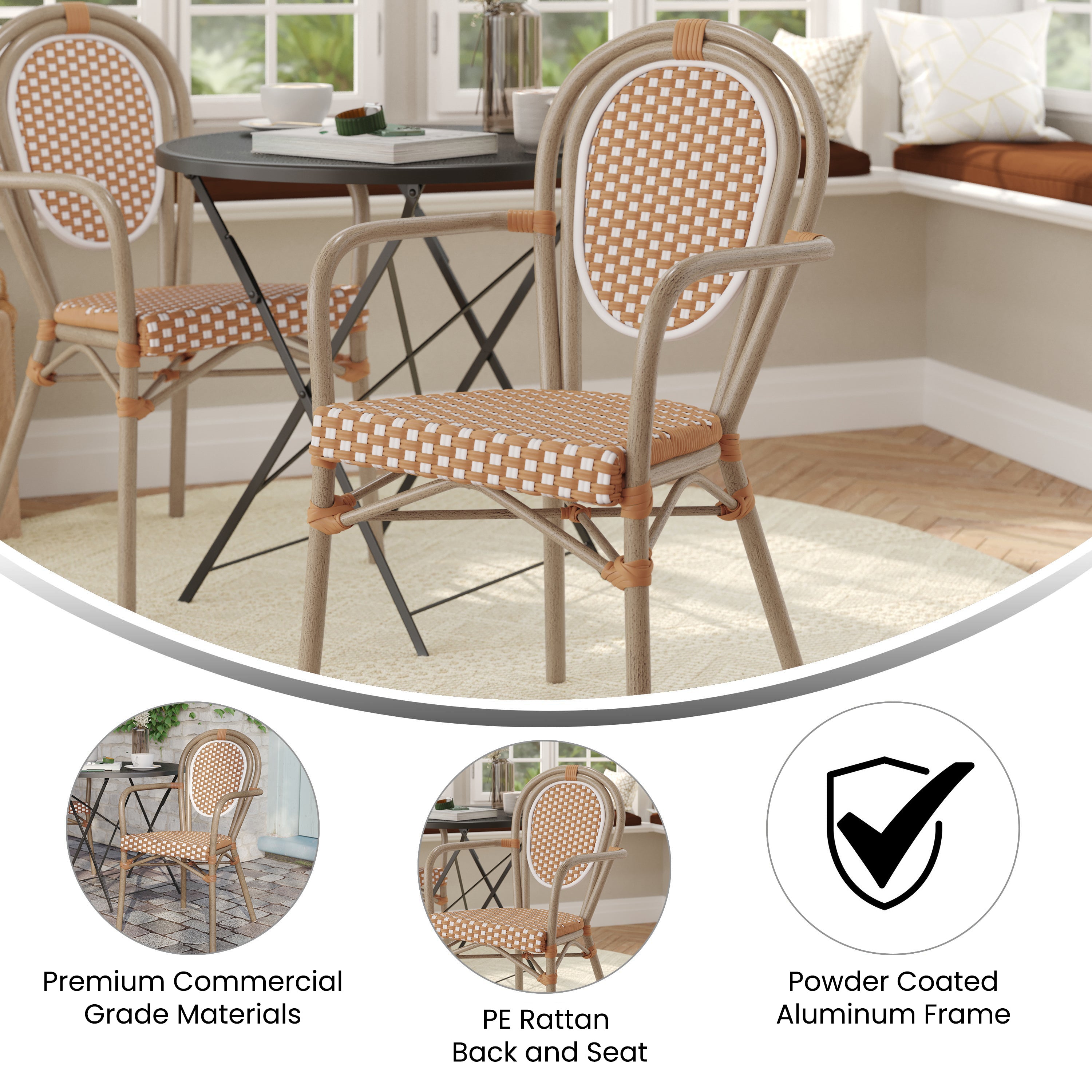 Lourdes Indoor/Outdoor Commercial Thonet Bistro Stacking Chair with Arms, Natural/White PE Rattan and Bamboo Print Aluminum Frame in Lt Natural