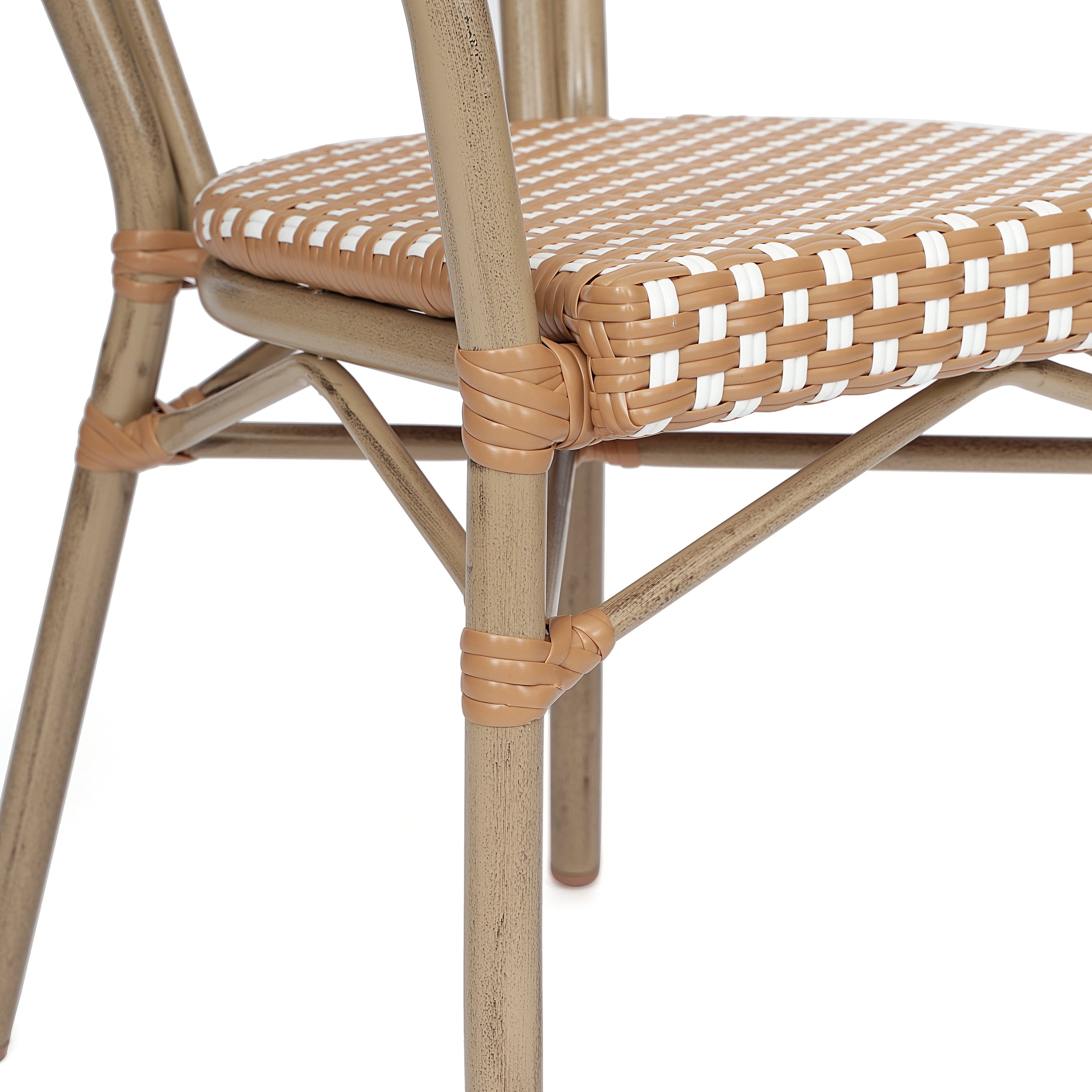 Lourdes Indoor/Outdoor Commercial Thonet Bistro Stacking Chair with Arms, Natural/White PE Rattan and Bamboo Print Aluminum Frame in Lt Natural