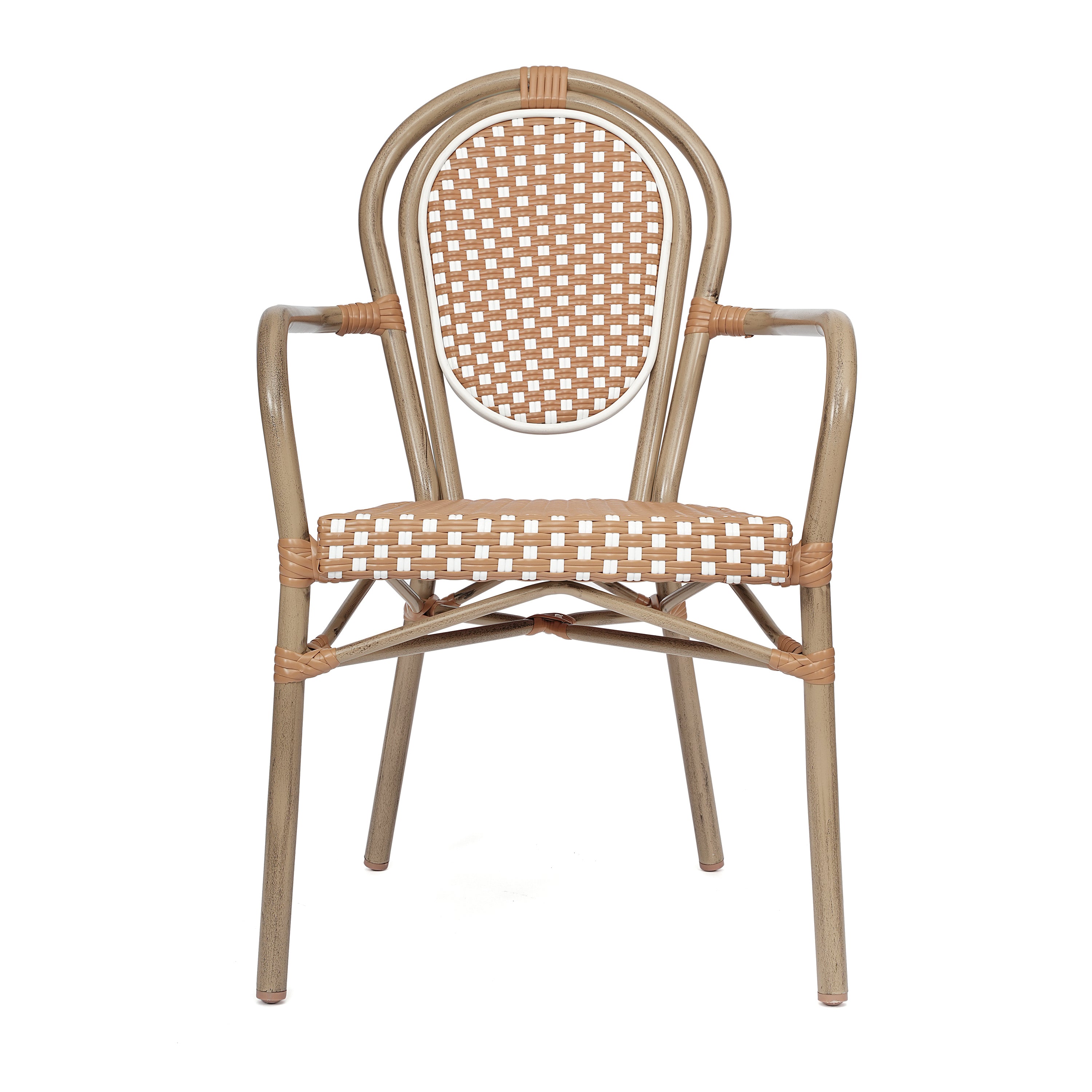 Lourdes Indoor/Outdoor Commercial Thonet Bistro Stacking Chair with Arms, Natural/White PE Rattan and Bamboo Print Aluminum Frame in Lt Natural