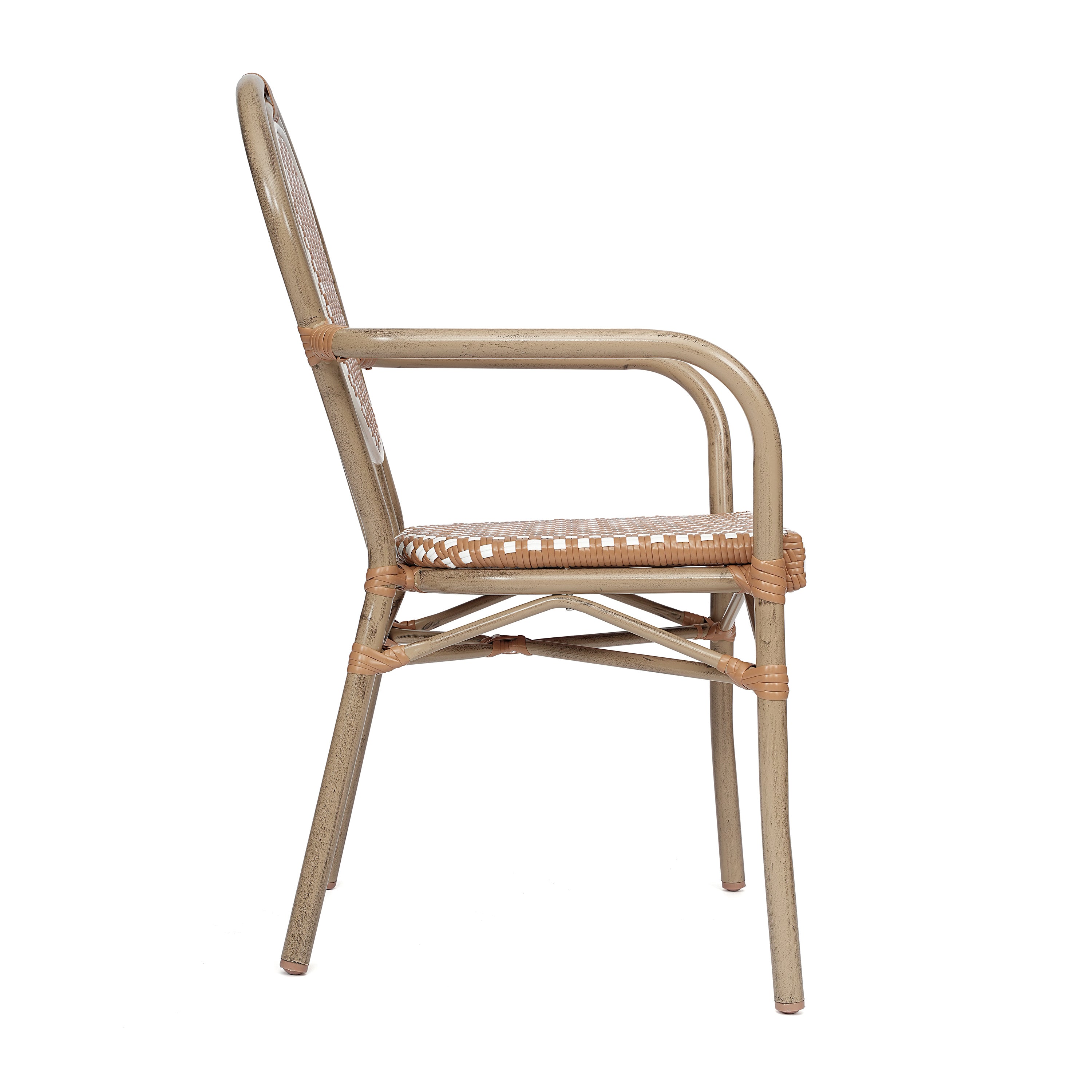Lourdes Indoor/Outdoor Commercial Thonet Bistro Stacking Chair with Arms, Natural/White PE Rattan and Bamboo Print Aluminum Frame in Lt Natural