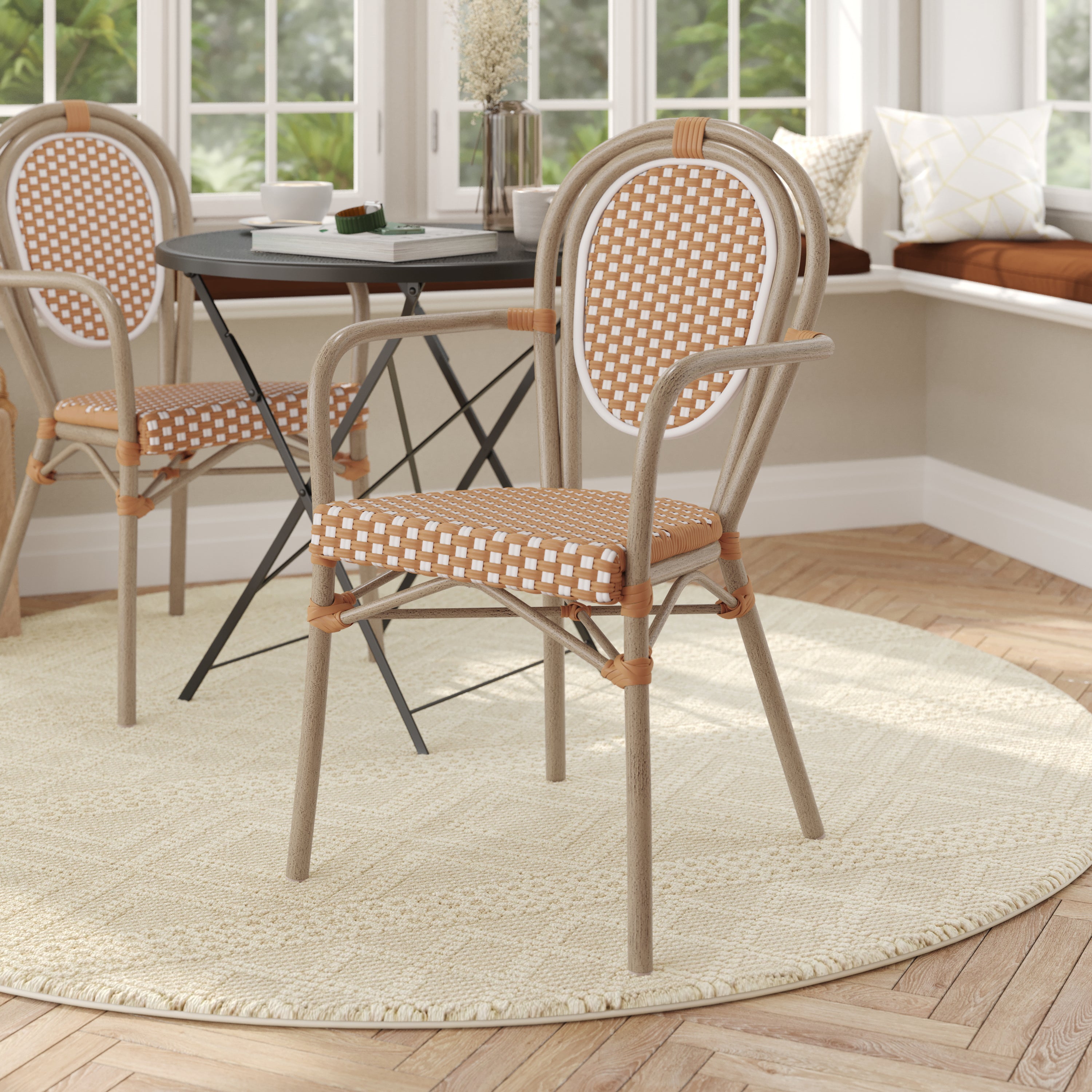 Lourdes Indoor/Outdoor Commercial Thonet Bistro Stacking Chair with Arms, Natural/White PE Rattan and Bamboo Print Aluminum Frame in Lt Natural