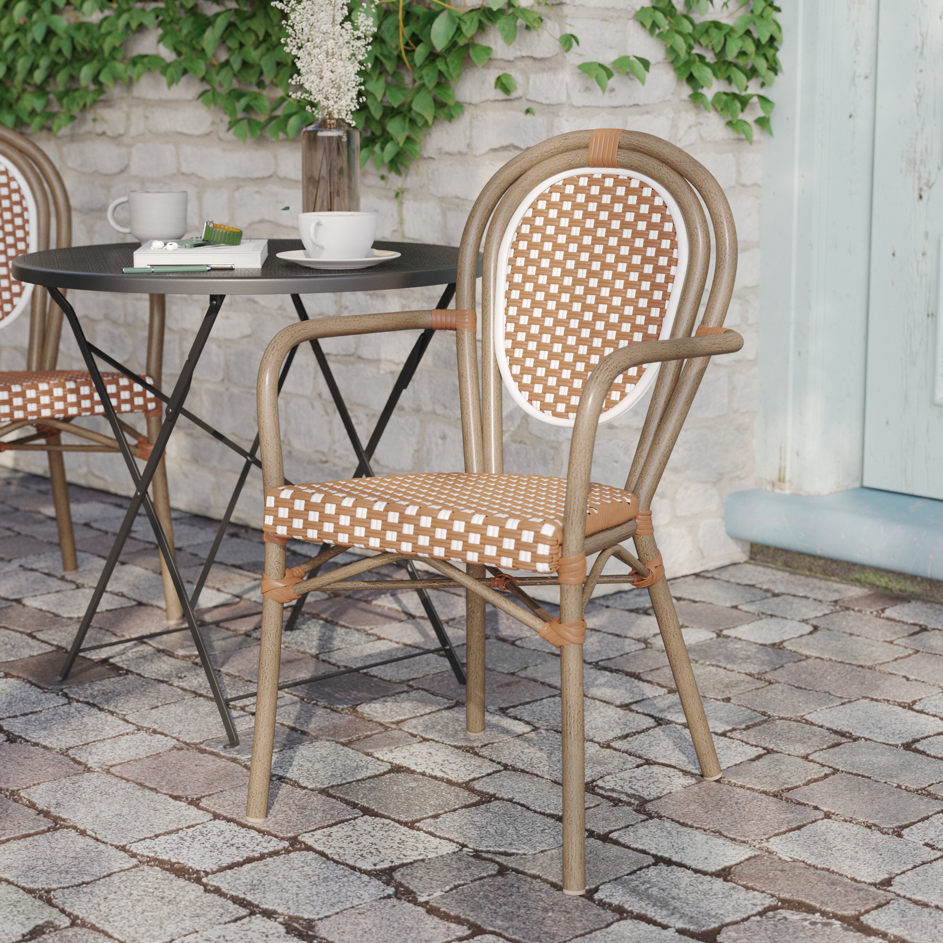Lourdes Indoor/Outdoor Commercial Thonet Bistro Stacking Chair with Arms, Natural/White PE Rattan and Bamboo Print Aluminum Frame in Lt Natural
