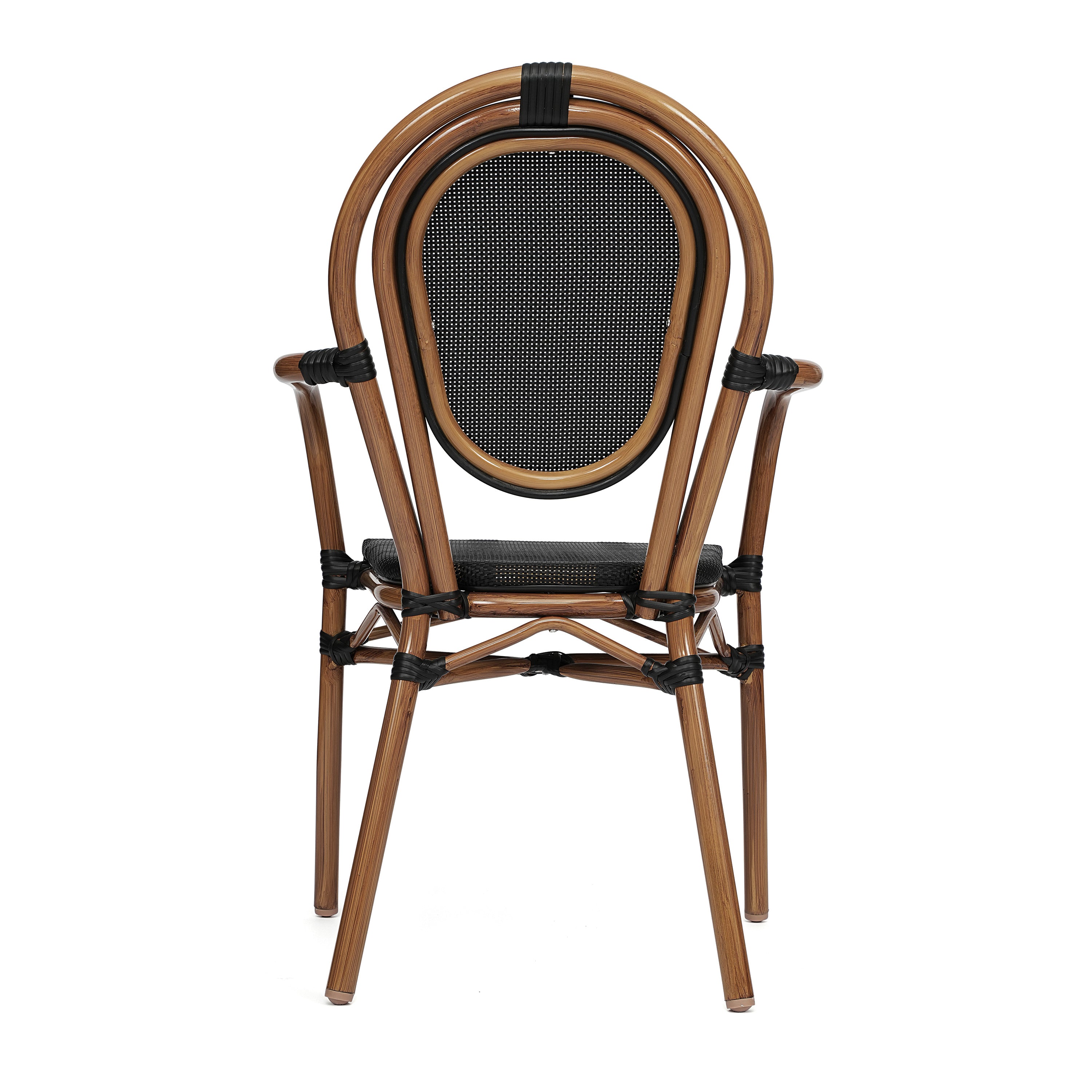 Marseille Indoor/Outdoor Commercial Thonet Bistro Stacking Chair with Arms, Black Textilene and Bamboo Print Aluminum Frame in Natural