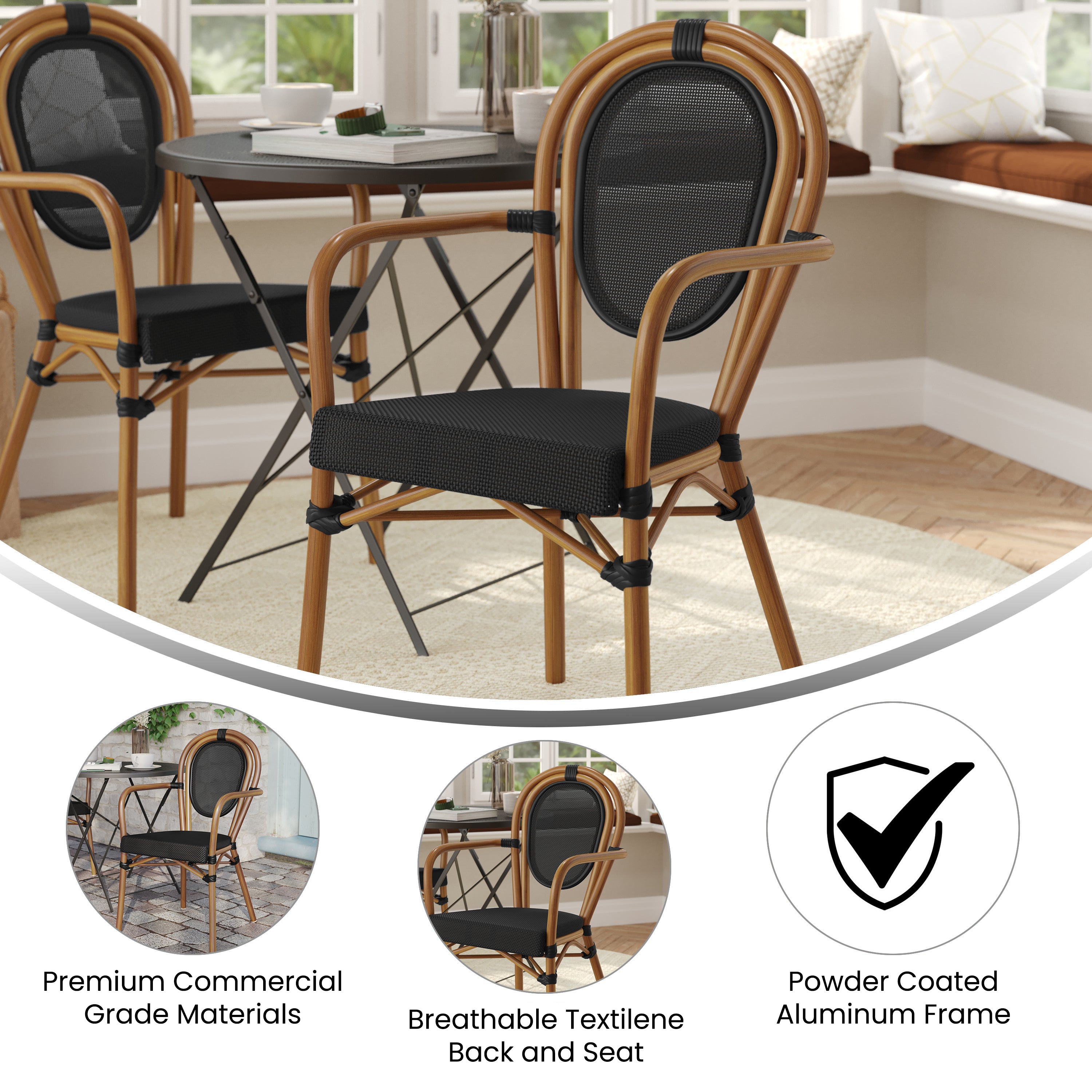 Marseille Indoor/Outdoor Commercial Thonet Bistro Stacking Chair with Arms, Black Textilene and Bamboo Print Aluminum Frame in Natural