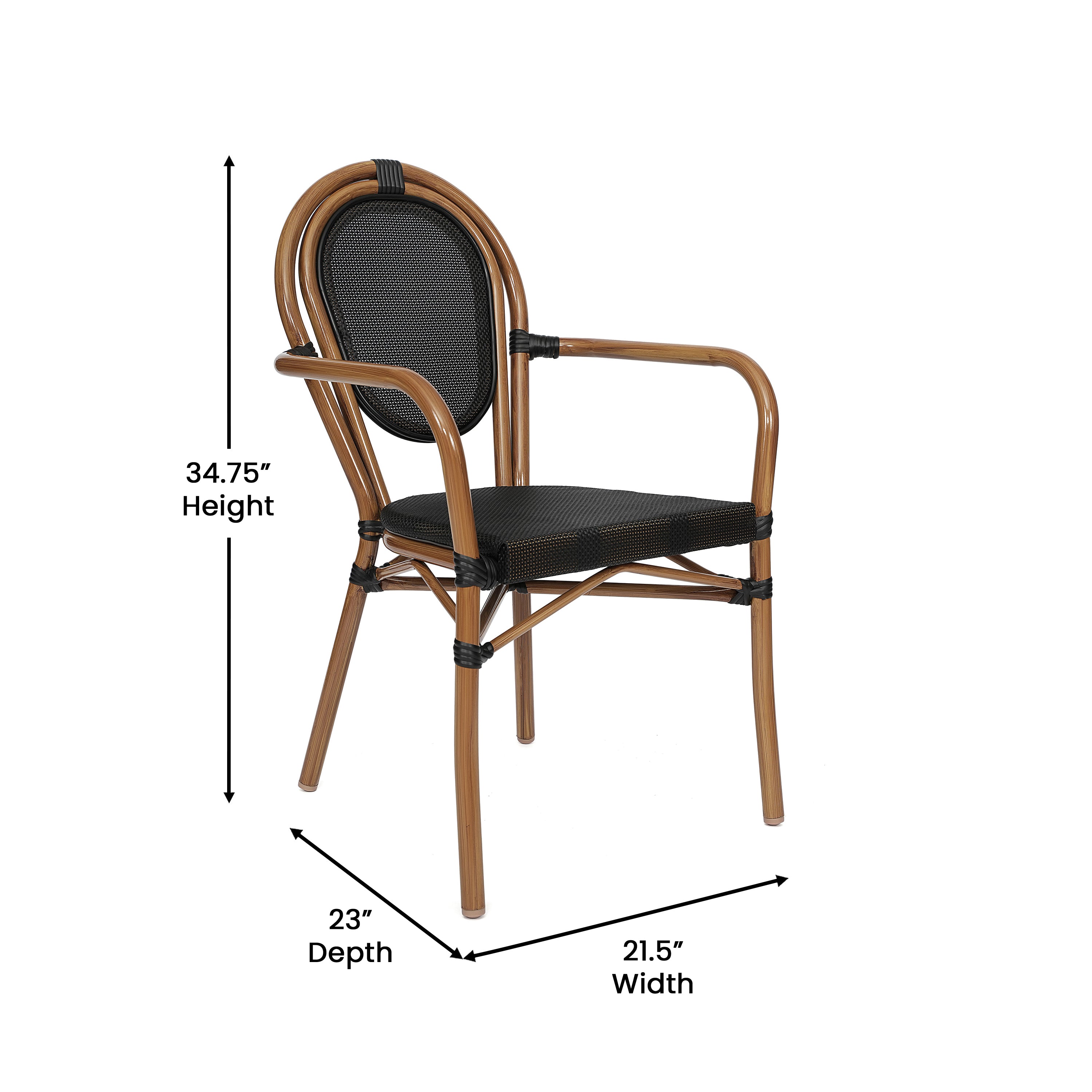 Marseille Indoor/Outdoor Commercial Thonet Bistro Stacking Chair with Arms, Black Textilene and Bamboo Print Aluminum Frame in Natural