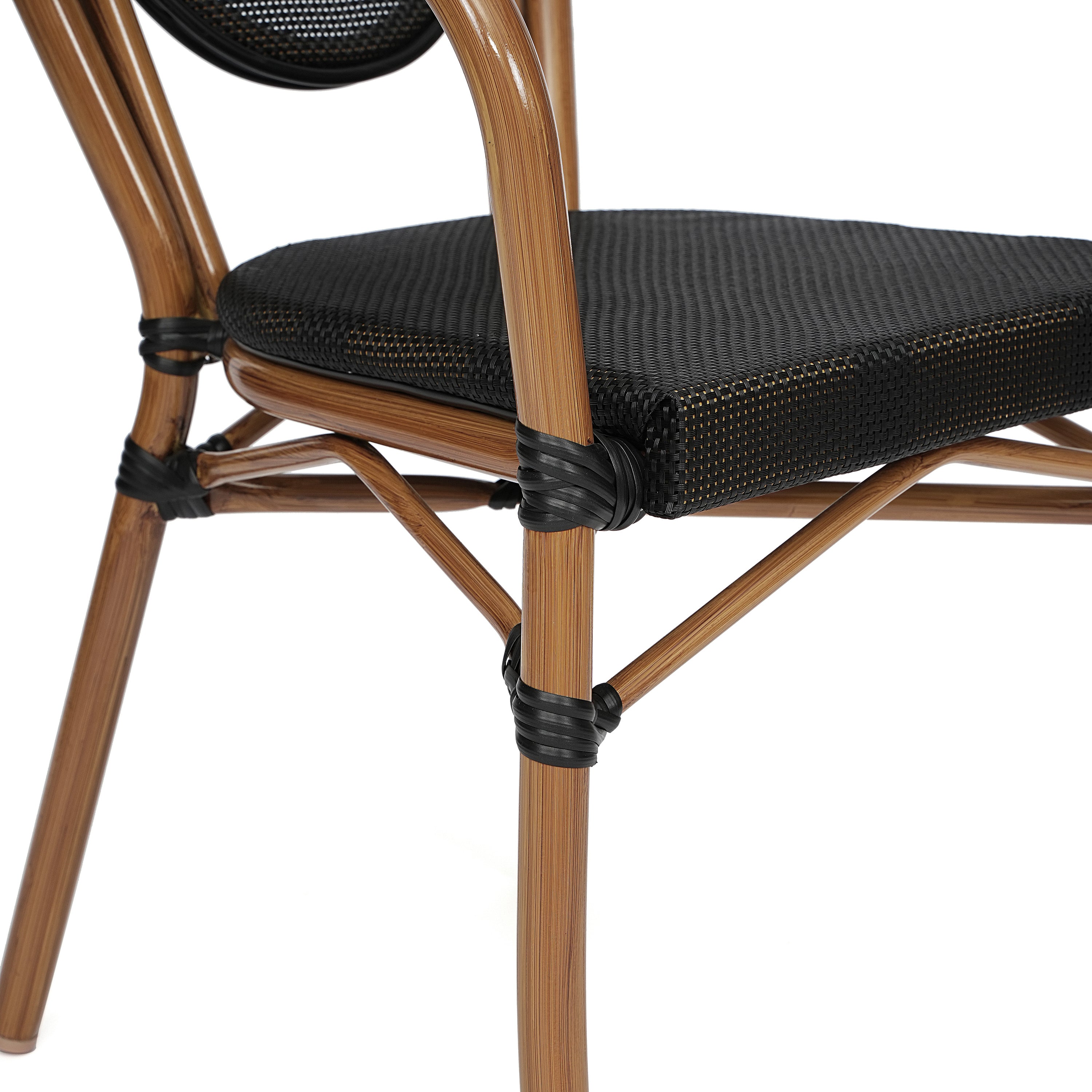 Marseille Indoor/Outdoor Commercial Thonet Bistro Stacking Chair with Arms, Black Textilene and Bamboo Print Aluminum Frame in Natural