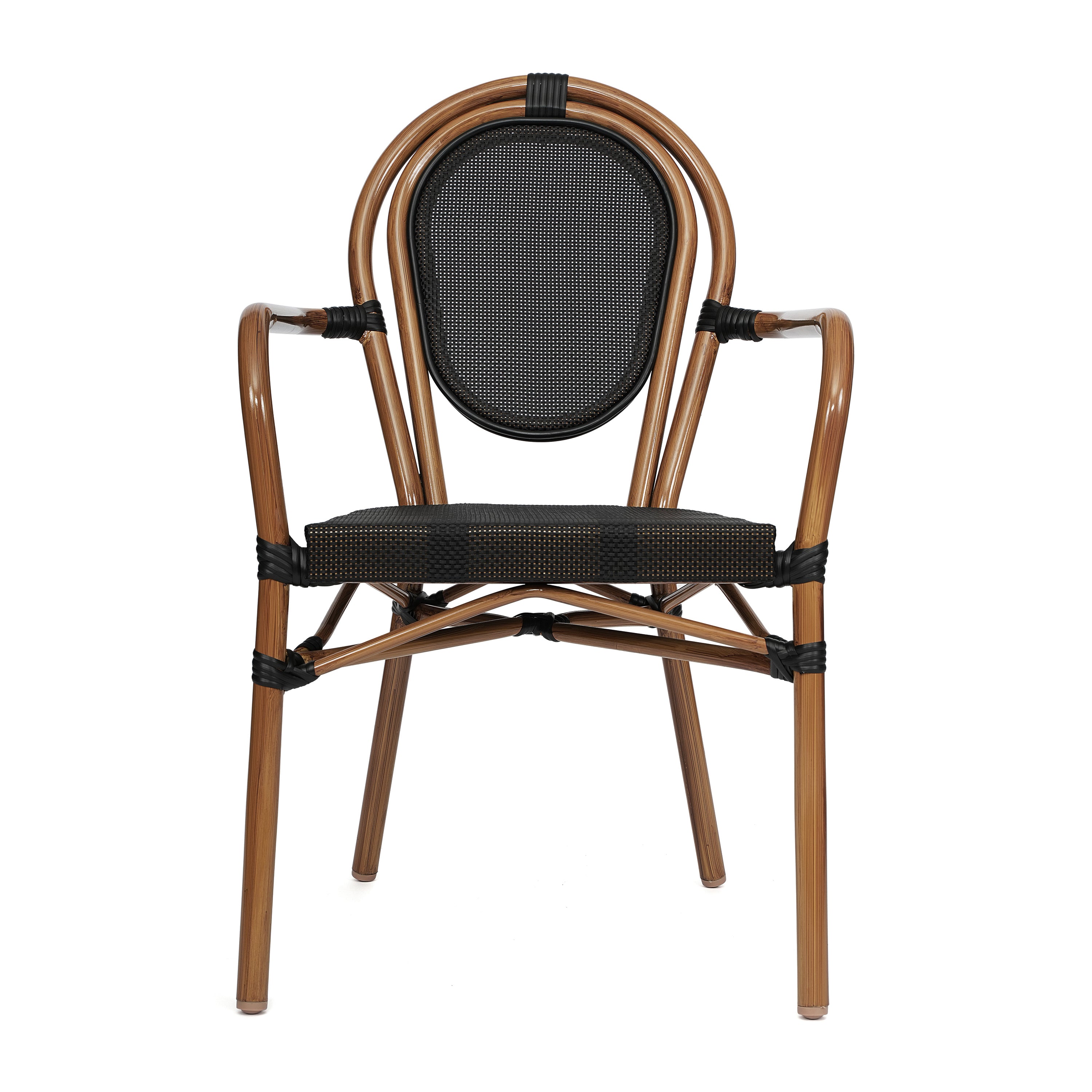 Marseille Indoor/Outdoor Commercial Thonet Bistro Stacking Chair with Arms, Black Textilene and Bamboo Print Aluminum Frame in Natural