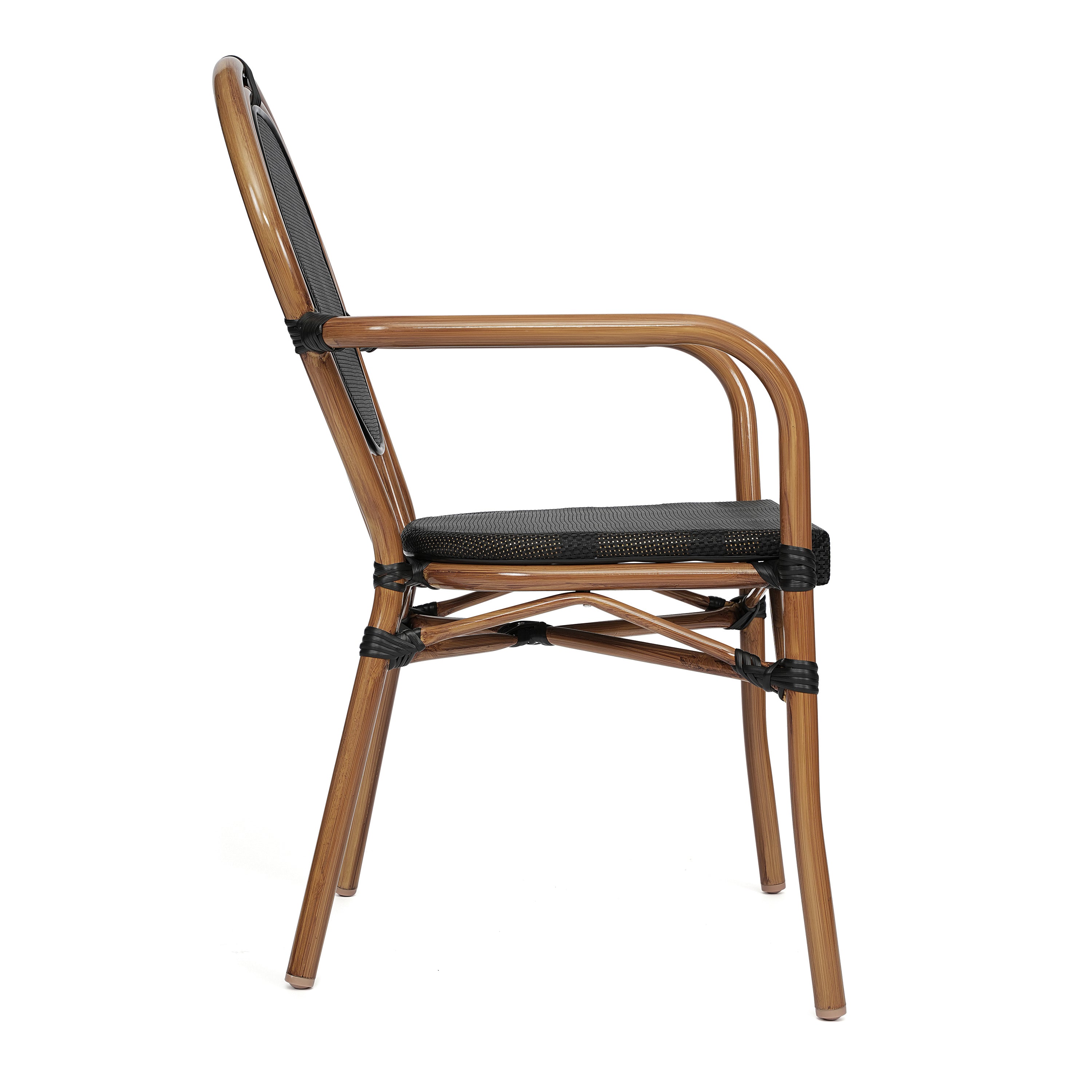 Marseille Indoor/Outdoor Commercial Thonet Bistro Stacking Chair with Arms, Black Textilene and Bamboo Print Aluminum Frame in Natural