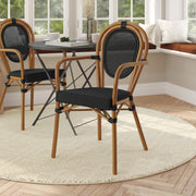 Marseille Indoor/Outdoor Commercial Thonet Bistro Stacking Chair with Arms, Black Textilene and Bamboo Print Aluminum Frame in Natural