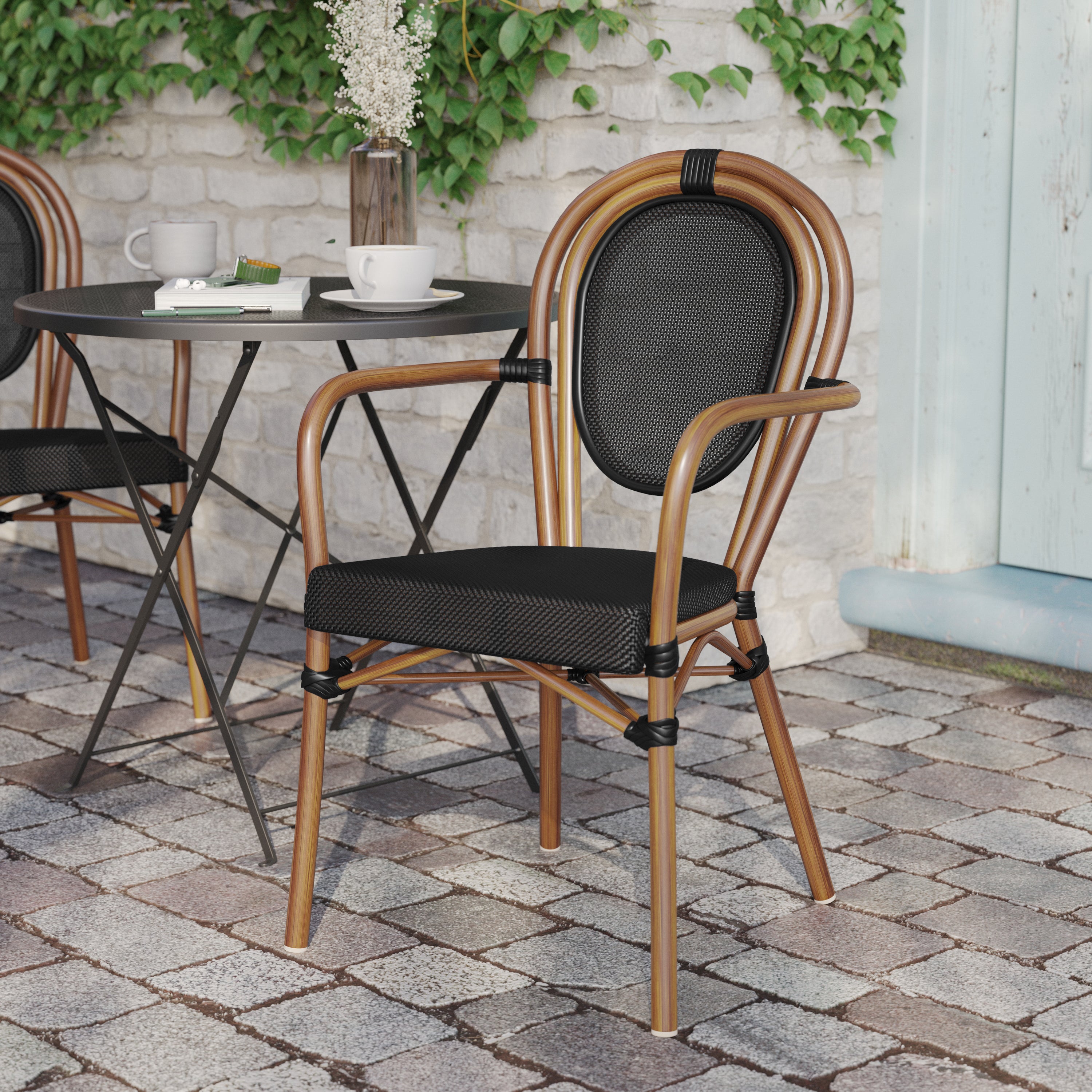 Marseille Indoor/Outdoor Commercial Thonet Bistro Stacking Chair with Arms, Black Textilene and Bamboo Print Aluminum Frame in Natural
