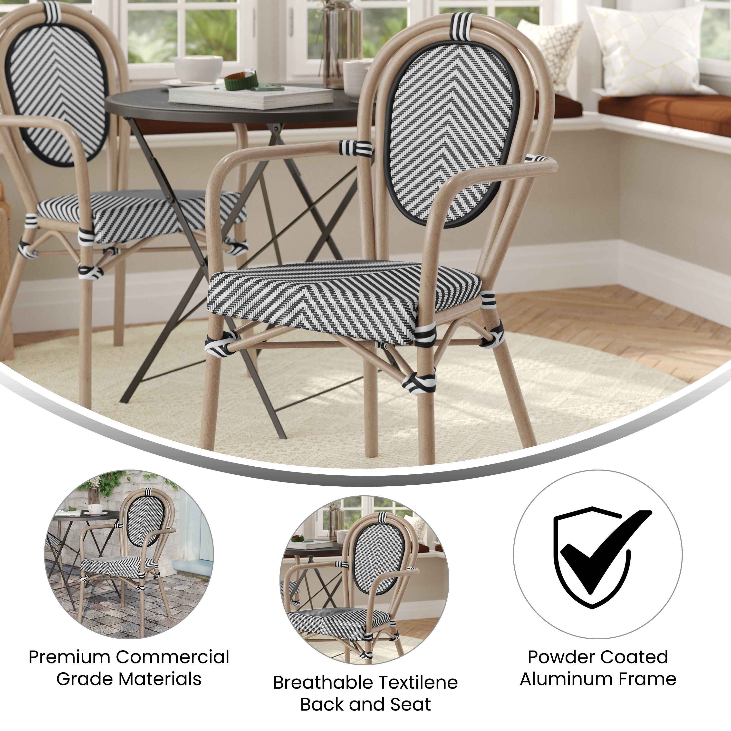 Marseille Indoor/Outdoor Commercial Thonet Bistro Stacking Chair with Arms, Black/White Textilene and Bamboo Print Aluminum Frame in Natural