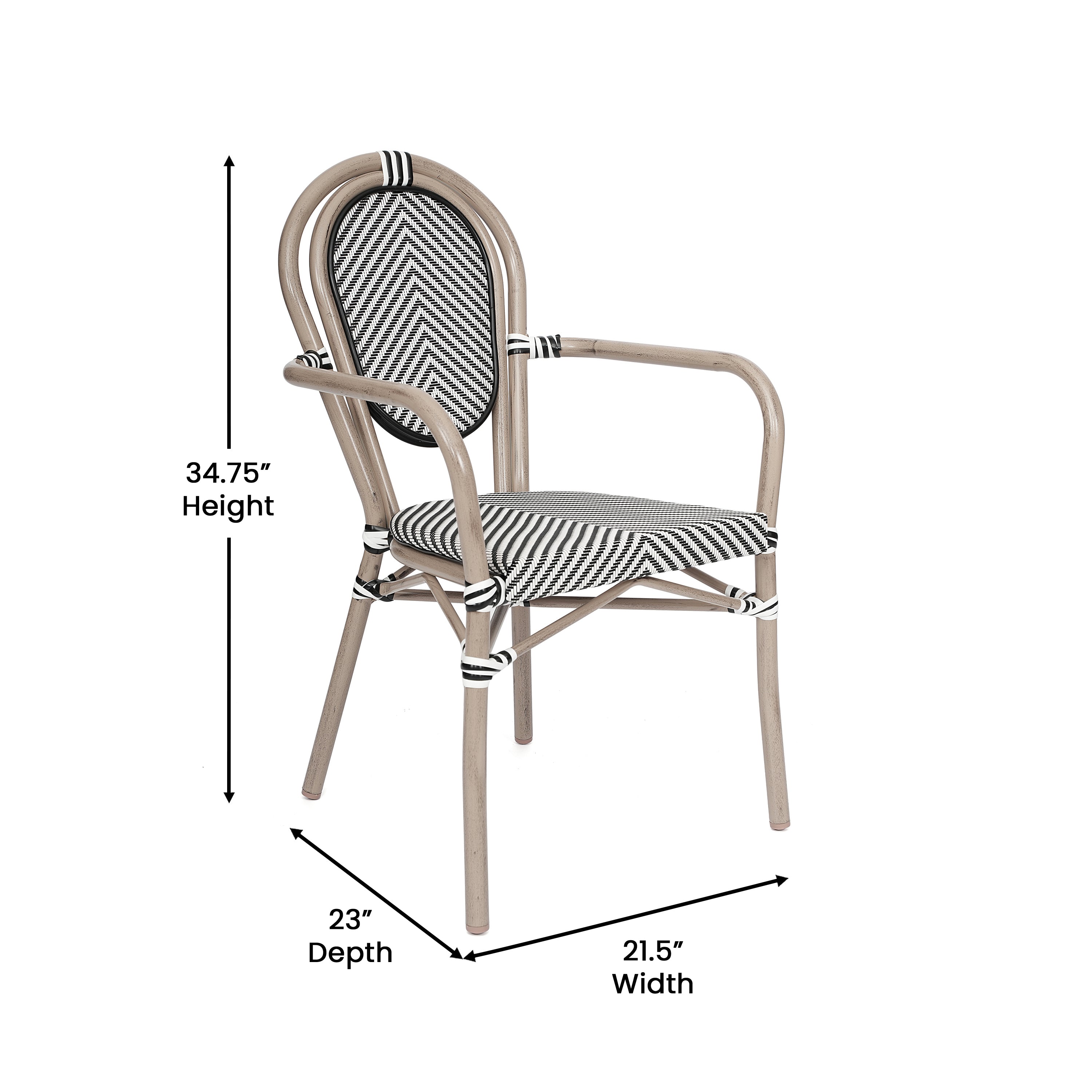 Marseille Indoor/Outdoor Commercial Thonet Bistro Stacking Chair with Arms, Black/White Textilene and Bamboo Print Aluminum Frame in Natural