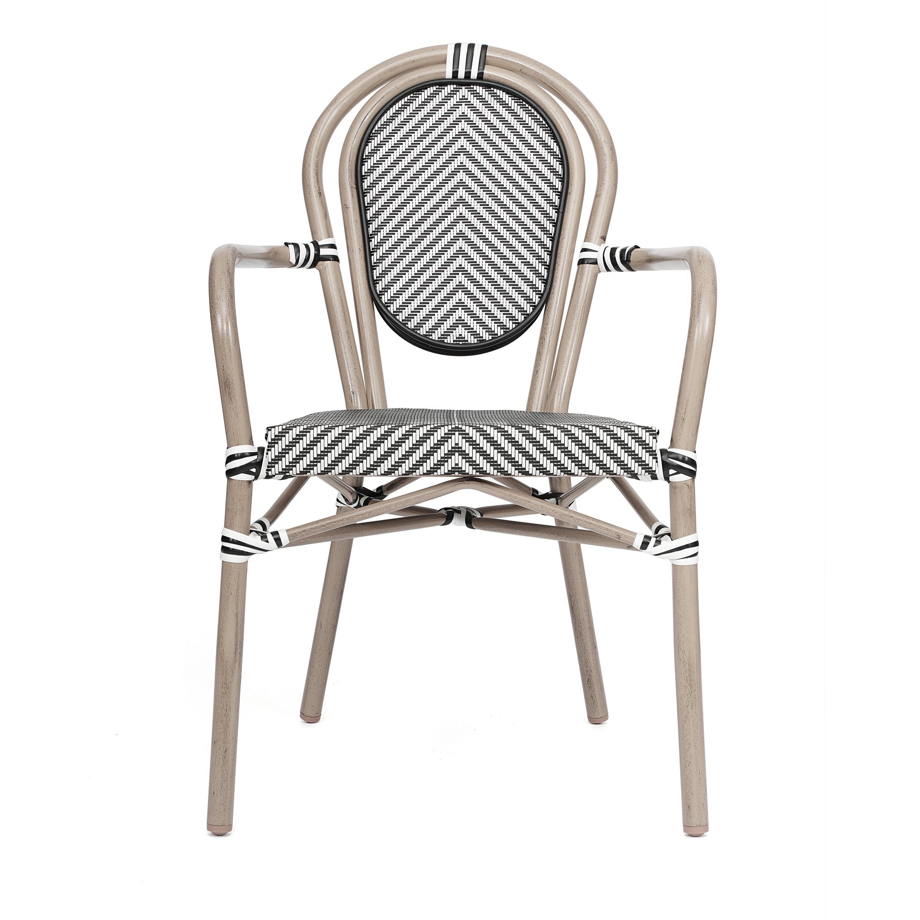 Marseille Indoor/Outdoor Commercial Thonet Bistro Stacking Chair with Arms, Black/White Textilene and Bamboo Print Aluminum Frame in Natural
