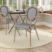 Marseille Indoor/Outdoor Commercial Thonet Bistro Stacking Chair with Arms, Black/White Textilene and Bamboo Print Aluminum Frame in Natural