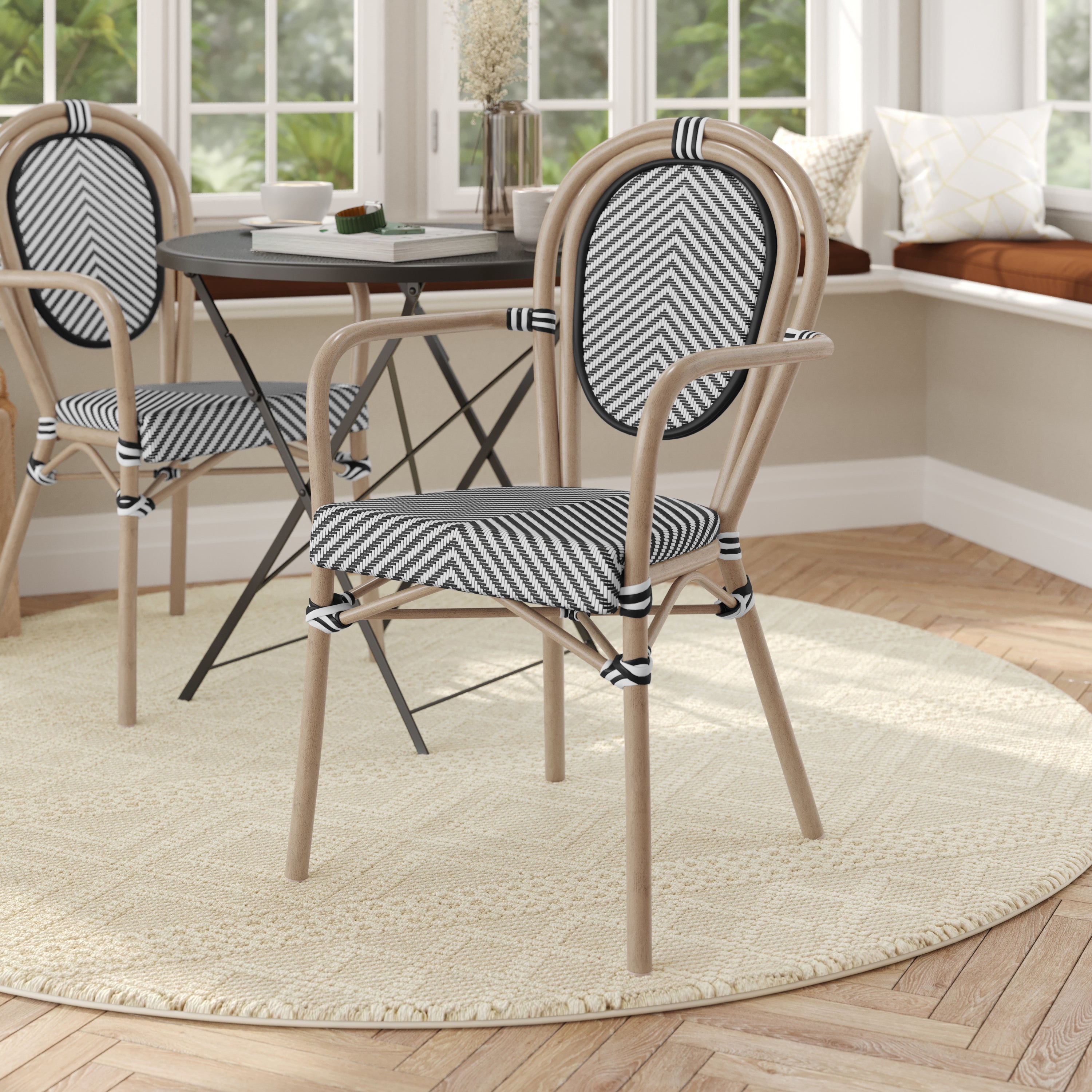 Marseille Indoor/Outdoor Commercial Thonet Bistro Stacking Chair with Arms, Black/White Textilene and Bamboo Print Aluminum Frame in Natural