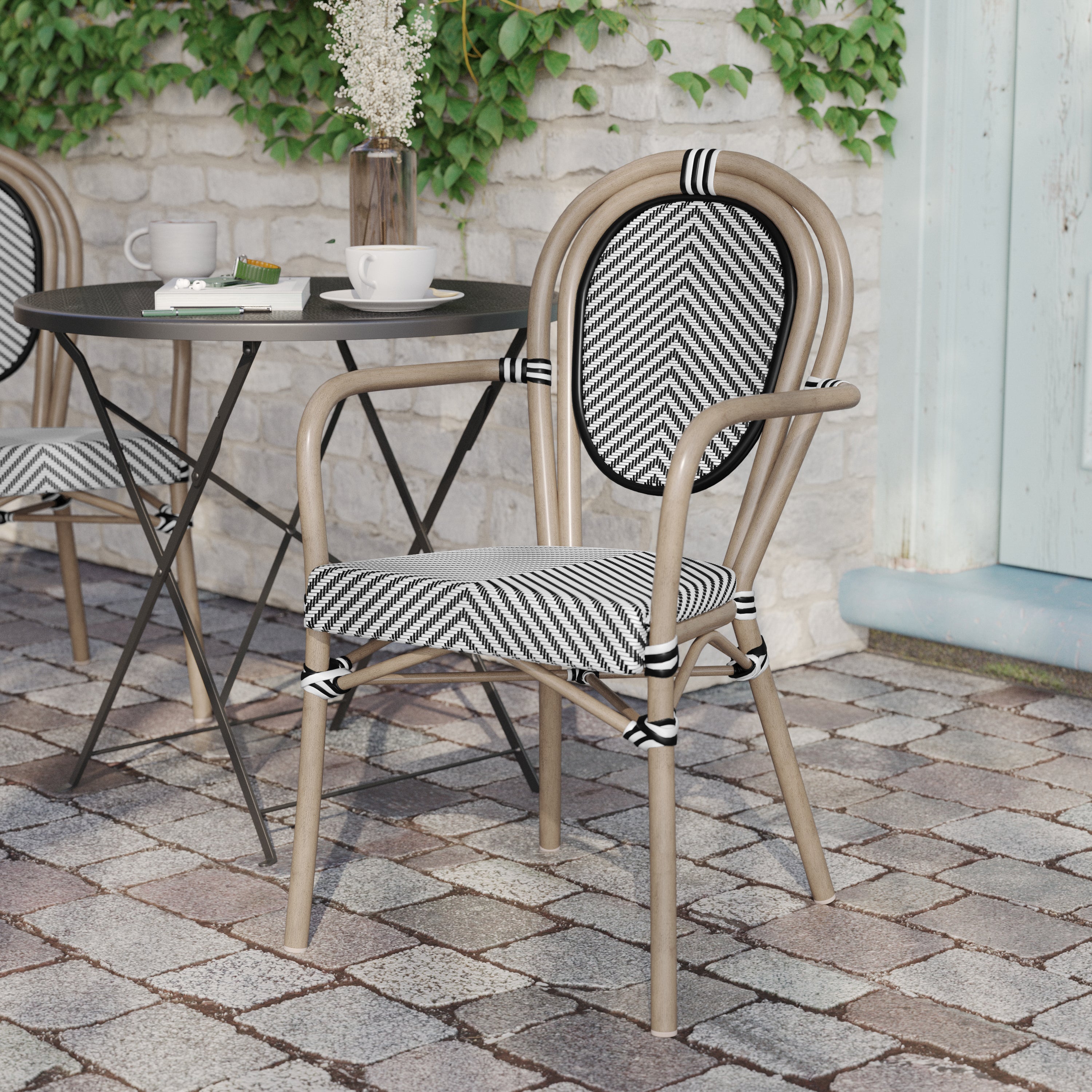 Marseille Indoor/Outdoor Commercial Thonet Bistro Stacking Chair with Arms, Black/White Textilene and Bamboo Print Aluminum Frame in Natural