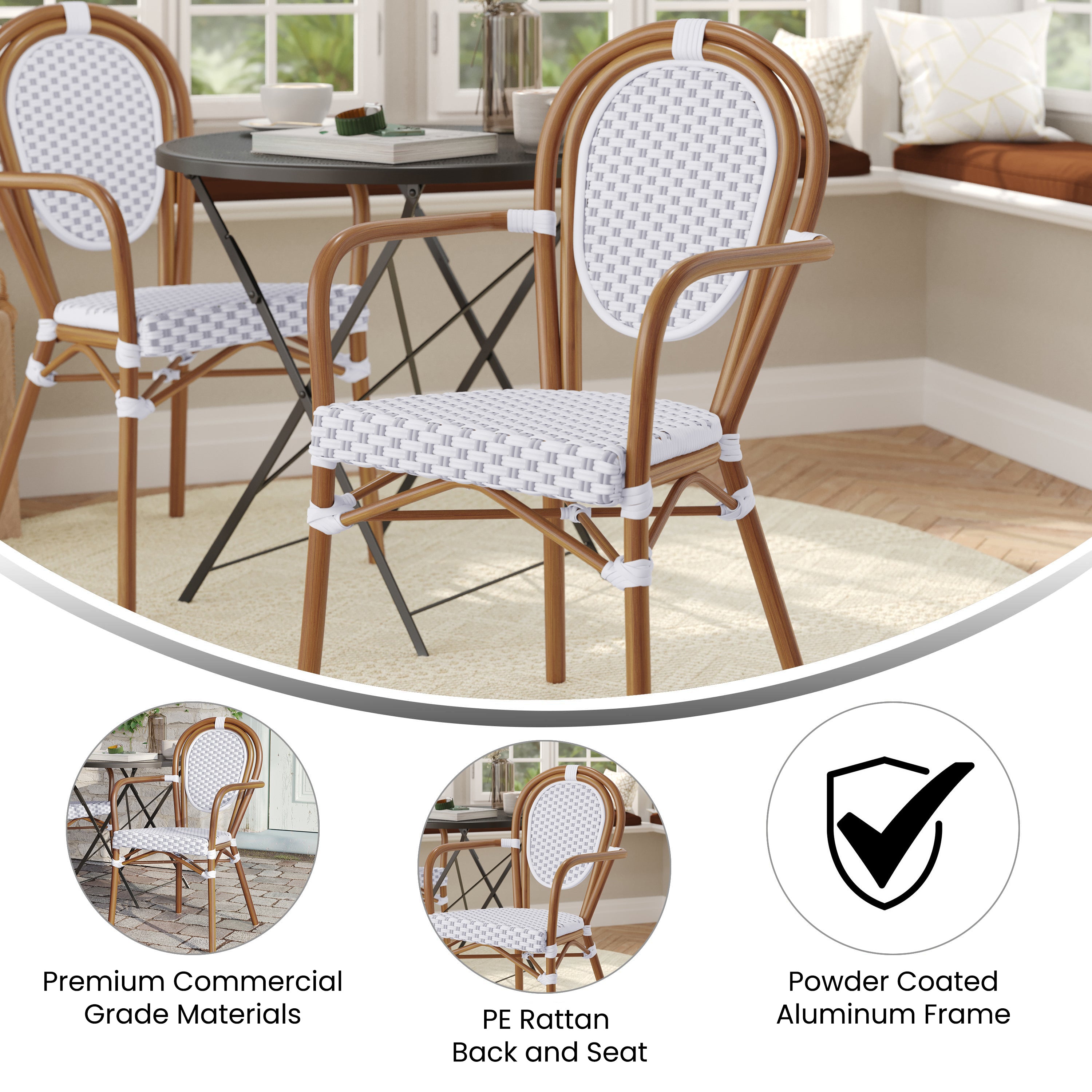 Lourdes Indoor/Outdoor Commercial Thonet Bistro Stacking Chair with Arms, White and Gray PE Rattan and Bamboo Print Aluminum Frame in Natural