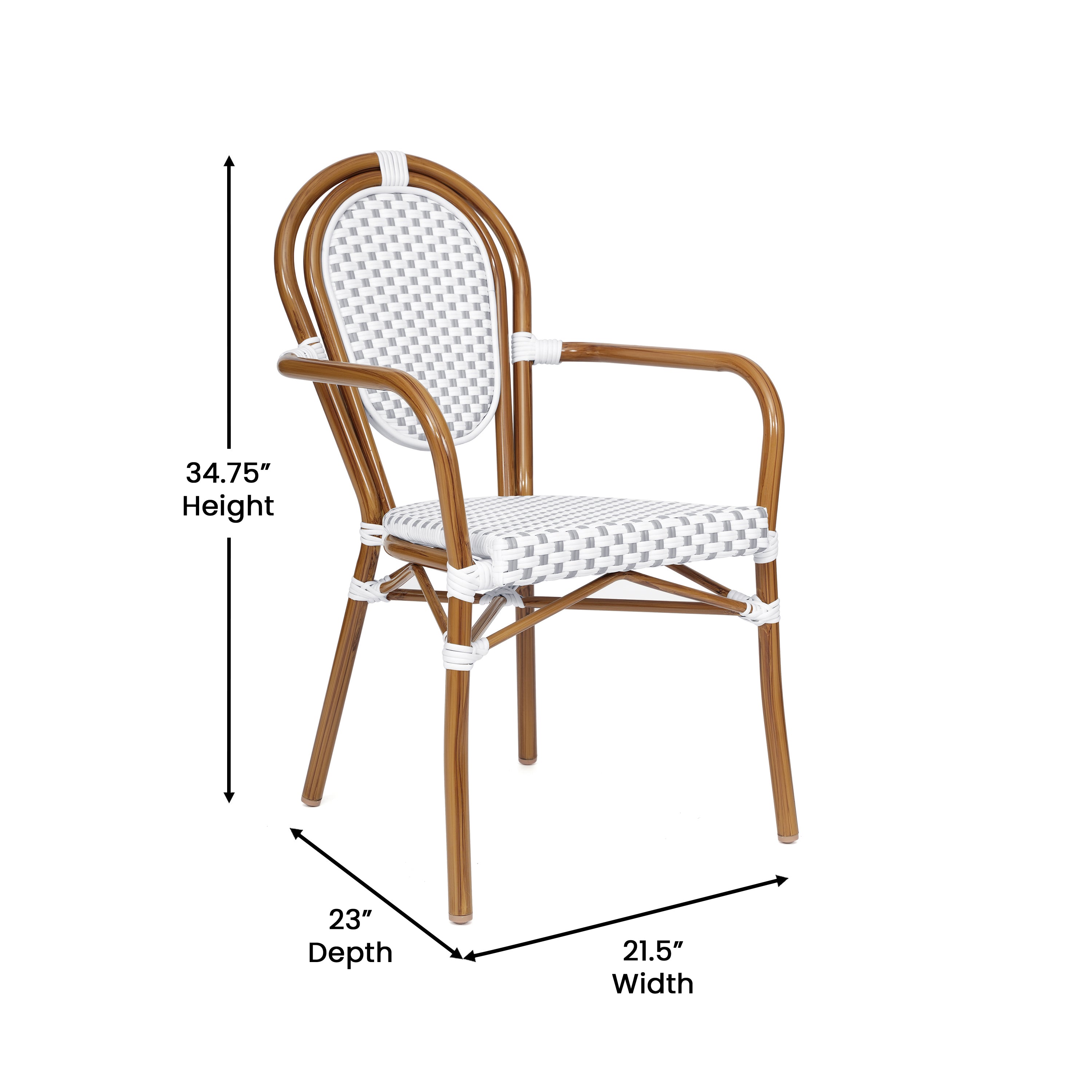 Lourdes Indoor/Outdoor Commercial Thonet Bistro Stacking Chair with Arms, White and Gray PE Rattan and Bamboo Print Aluminum Frame in Natural