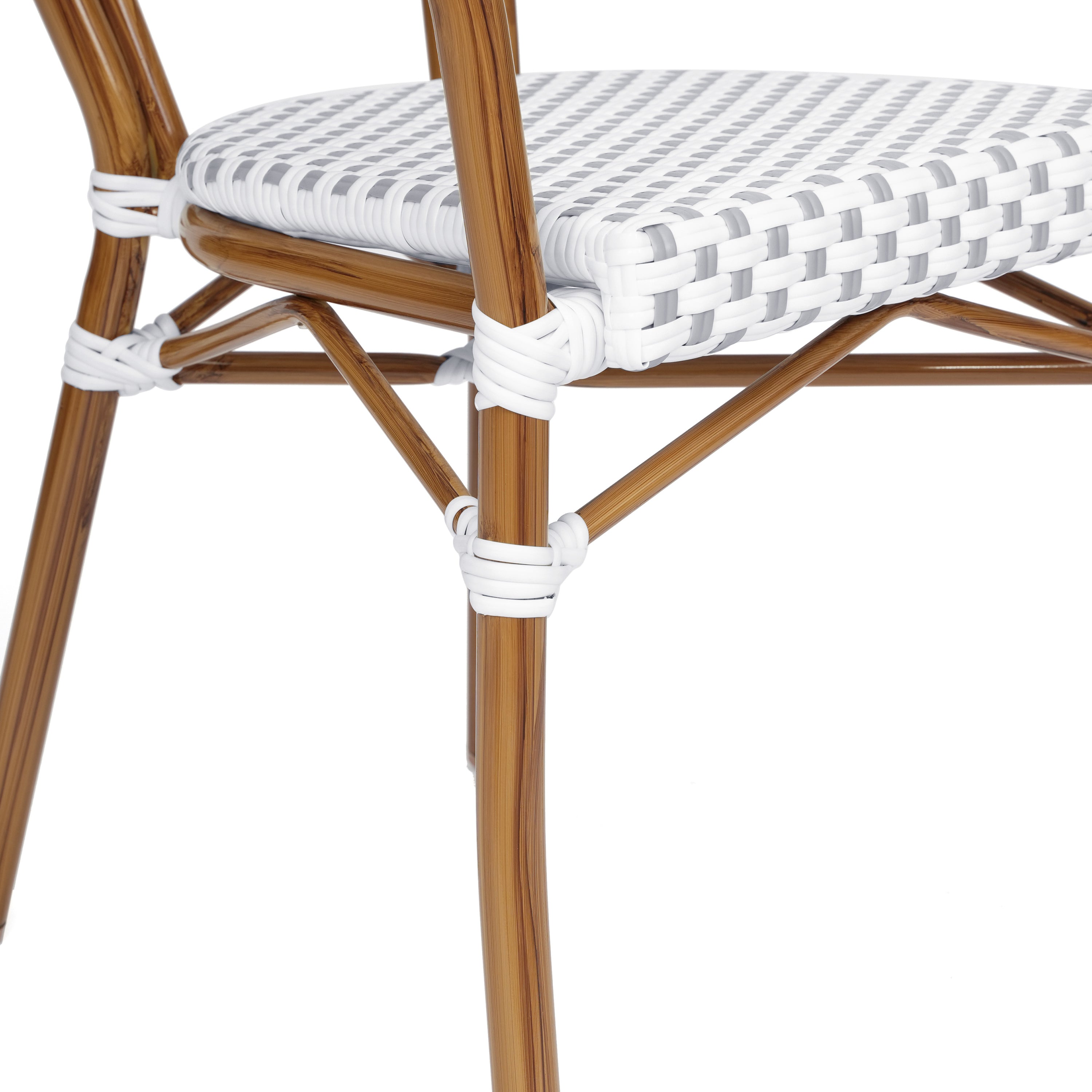 Lourdes Indoor/Outdoor Commercial Thonet Bistro Stacking Chair with Arms, White and Gray PE Rattan and Bamboo Print Aluminum Frame in Natural
