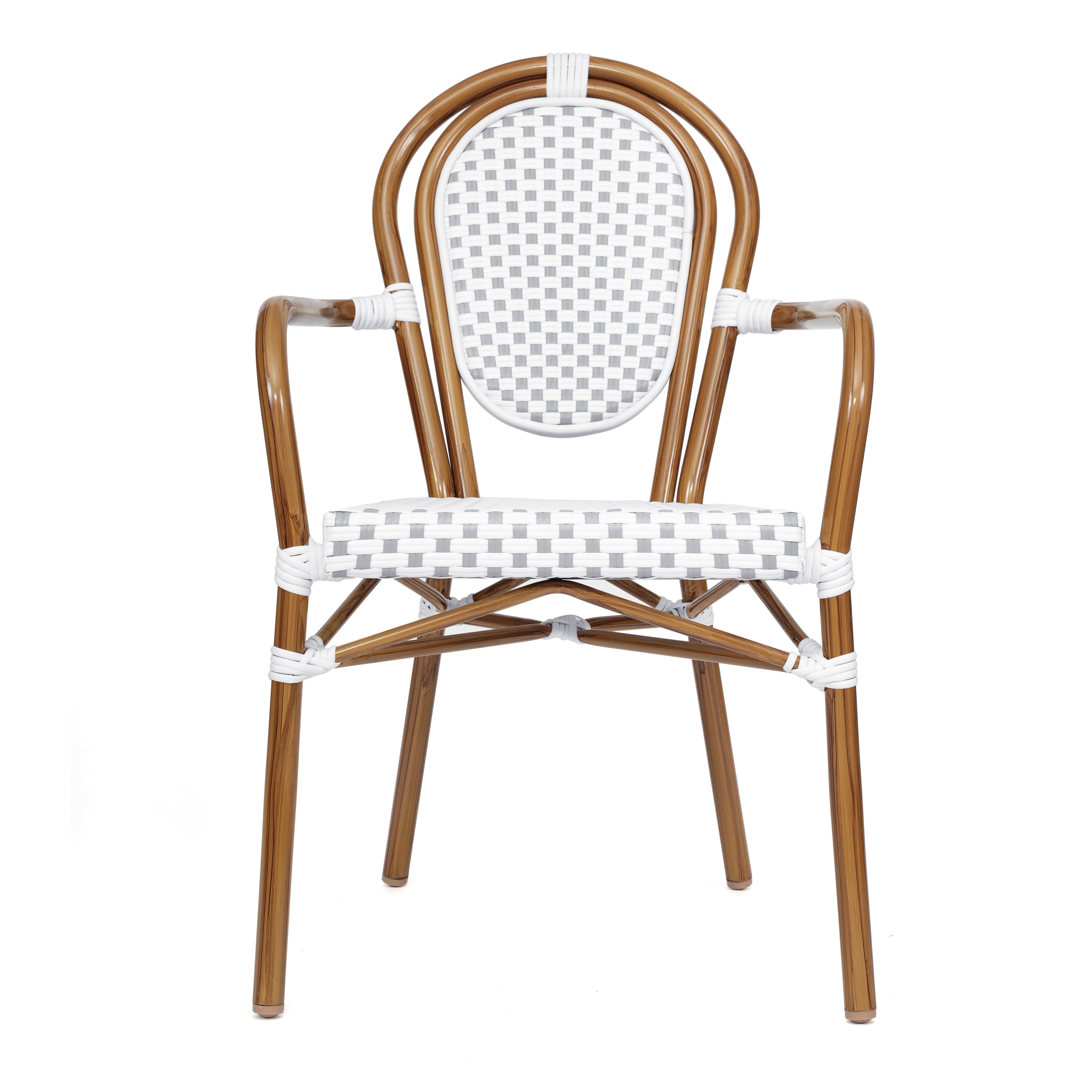Lourdes Indoor/Outdoor Commercial Thonet Bistro Stacking Chair with Arms, White and Gray PE Rattan and Bamboo Print Aluminum Frame in Natural
