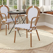 Lourdes Indoor/Outdoor Commercial Thonet Bistro Stacking Chair with Arms, White and Gray PE Rattan and Bamboo Print Aluminum Frame in Natural