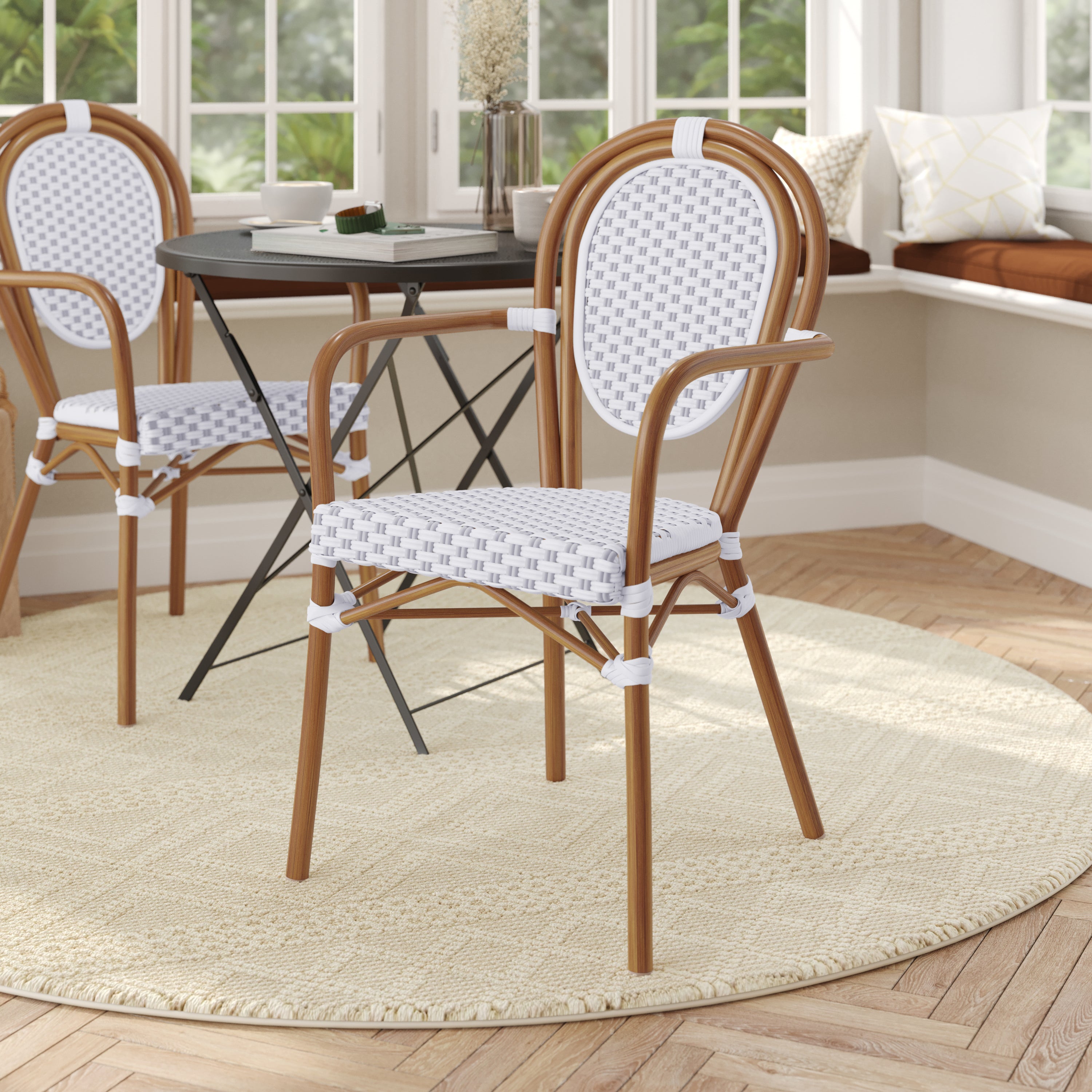 Lourdes Indoor/Outdoor Commercial Thonet Bistro Stacking Chair with Arms, White and Gray PE Rattan and Bamboo Print Aluminum Frame in Natural