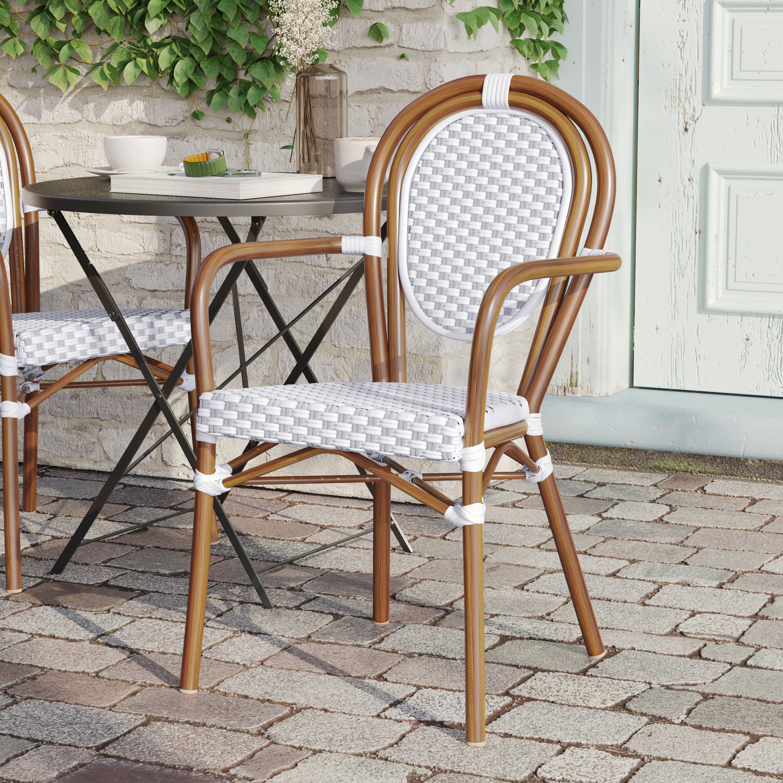 Lourdes Indoor/Outdoor Commercial Thonet Bistro Stacking Chair with Arms, White and Gray PE Rattan and Bamboo Print Aluminum Frame in Natural