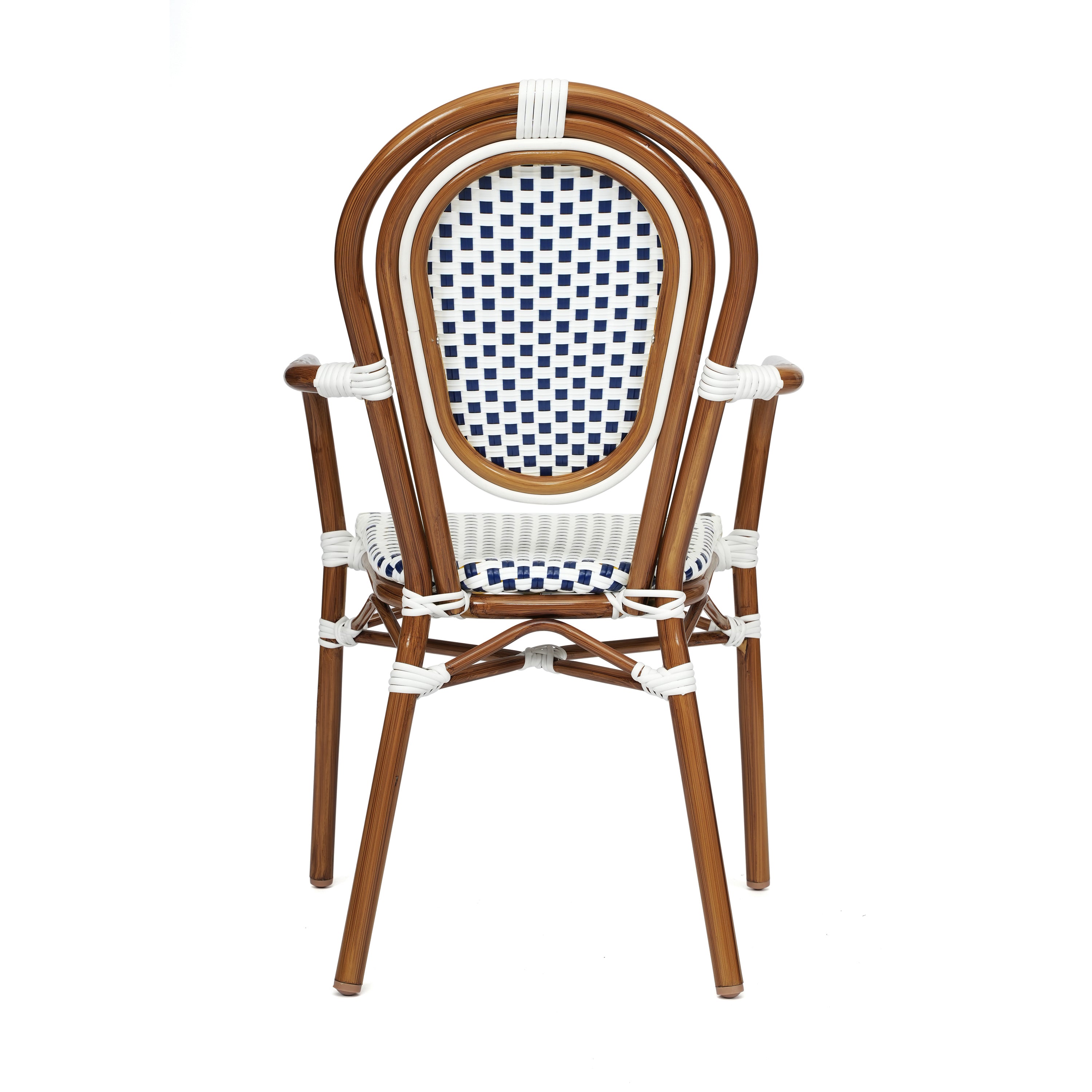 Lourdes Indoor/Outdoor Commercial Thonet Bistro Stacking Chair with Arms, White and Navy PE Rattan and Bamboo Print Aluminum Frame in Natural