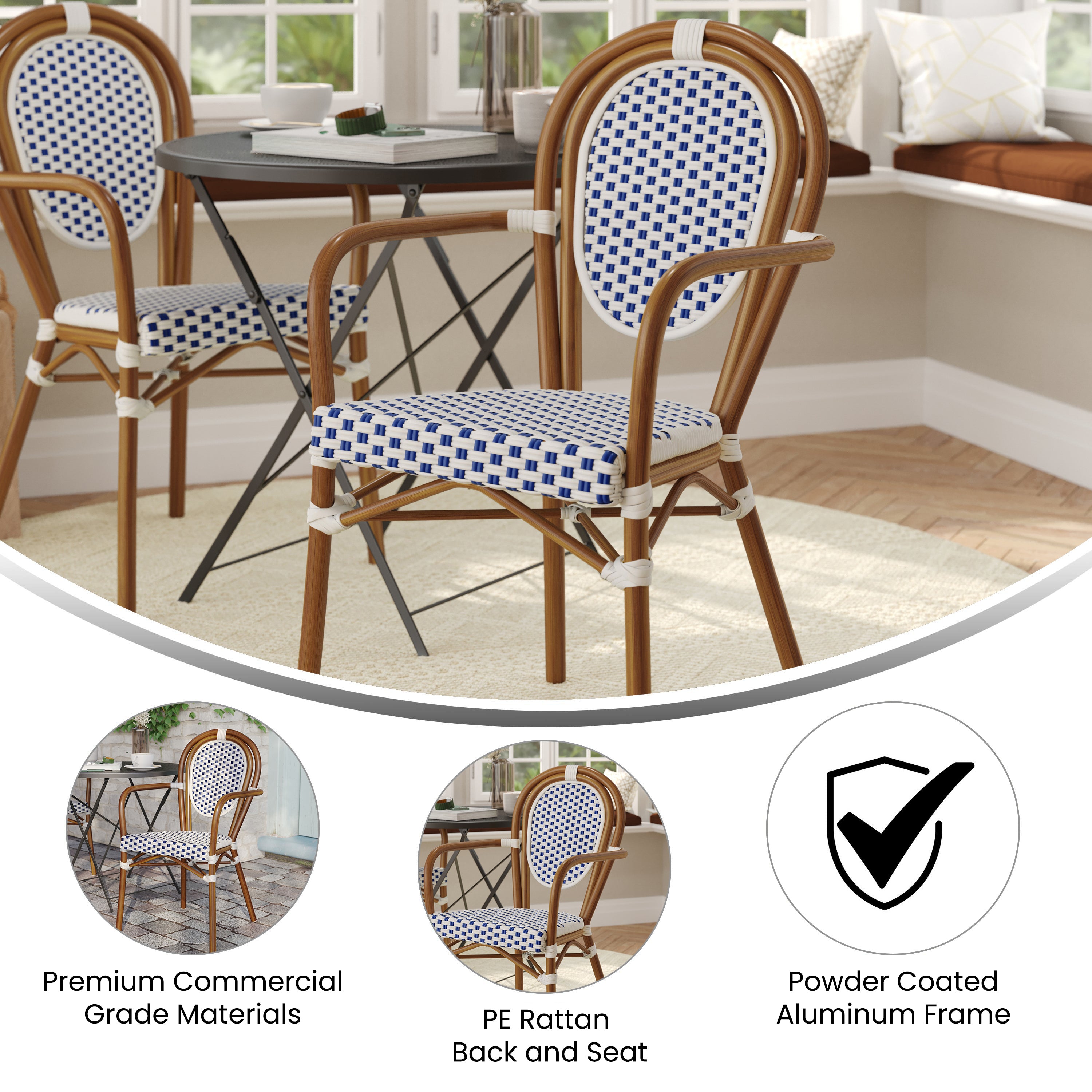 Lourdes Indoor/Outdoor Commercial Thonet Bistro Stacking Chair with Arms, White and Navy PE Rattan and Bamboo Print Aluminum Frame in Natural