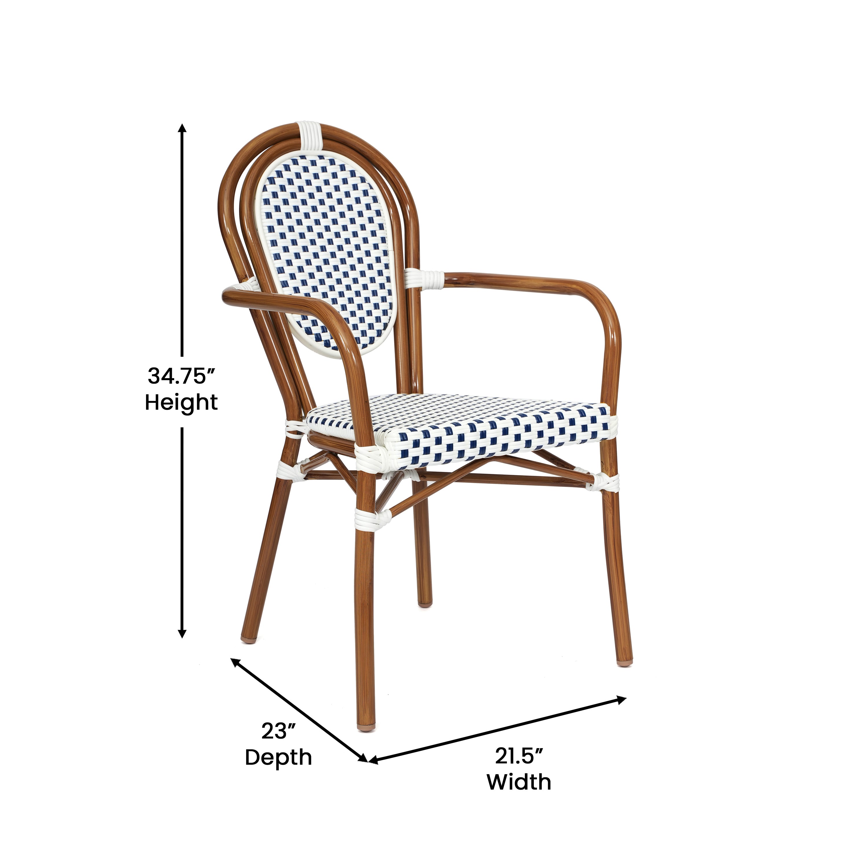 Lourdes Indoor/Outdoor Commercial Thonet Bistro Stacking Chair with Arms, White and Navy PE Rattan and Bamboo Print Aluminum Frame in Natural