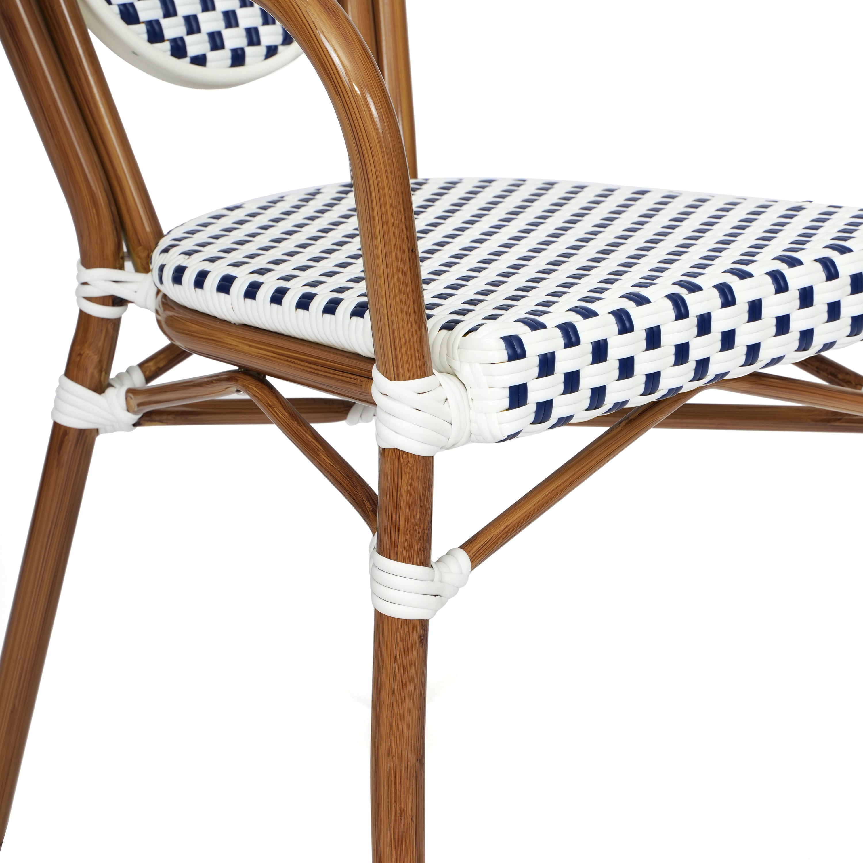Lourdes Indoor/Outdoor Commercial Thonet Bistro Stacking Chair with Arms, White and Navy PE Rattan and Bamboo Print Aluminum Frame in Natural