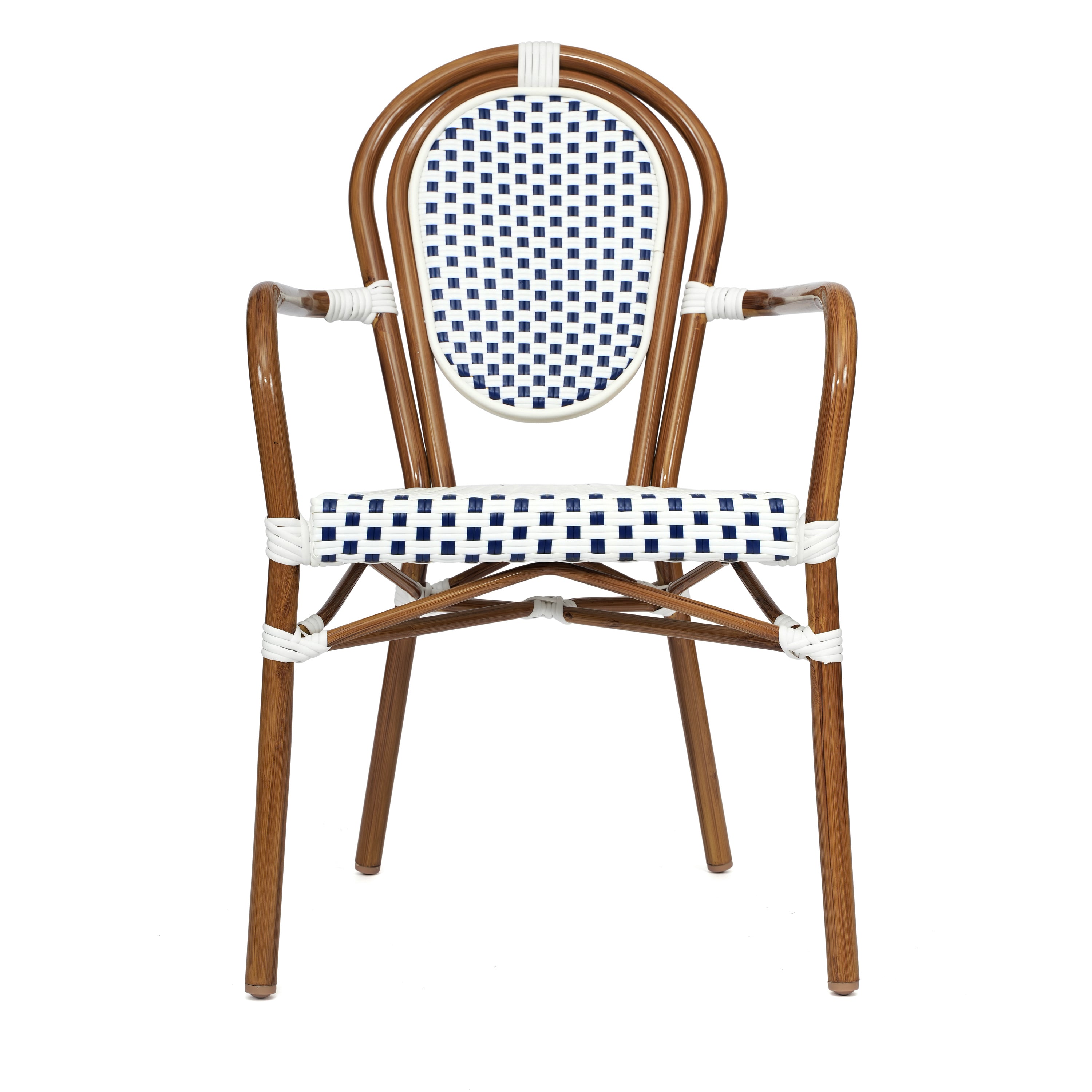 Lourdes Indoor/Outdoor Commercial Thonet Bistro Stacking Chair with Arms, White and Navy PE Rattan and Bamboo Print Aluminum Frame in Natural