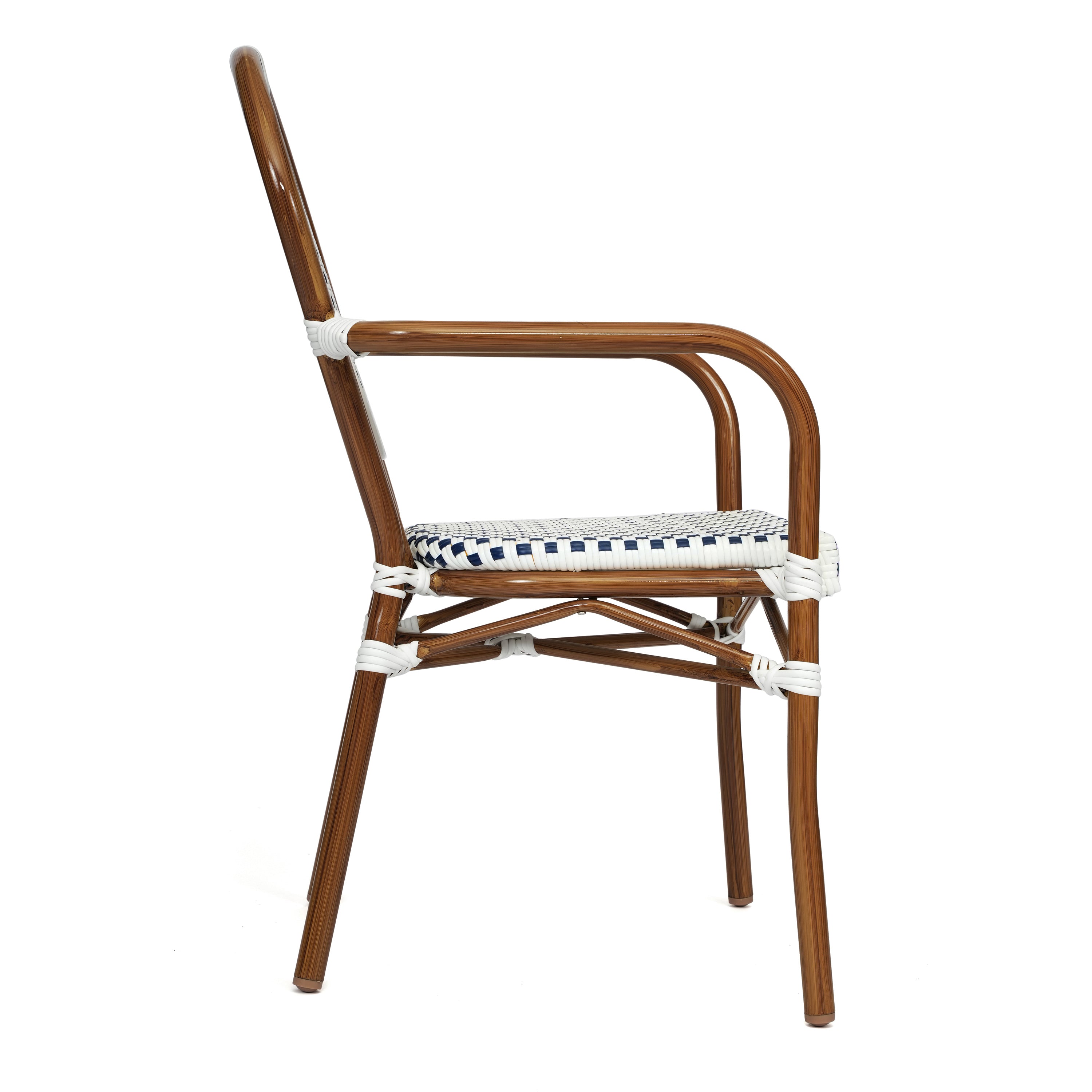 Lourdes Indoor/Outdoor Commercial Thonet Bistro Stacking Chair with Arms, White and Navy PE Rattan and Bamboo Print Aluminum Frame in Natural