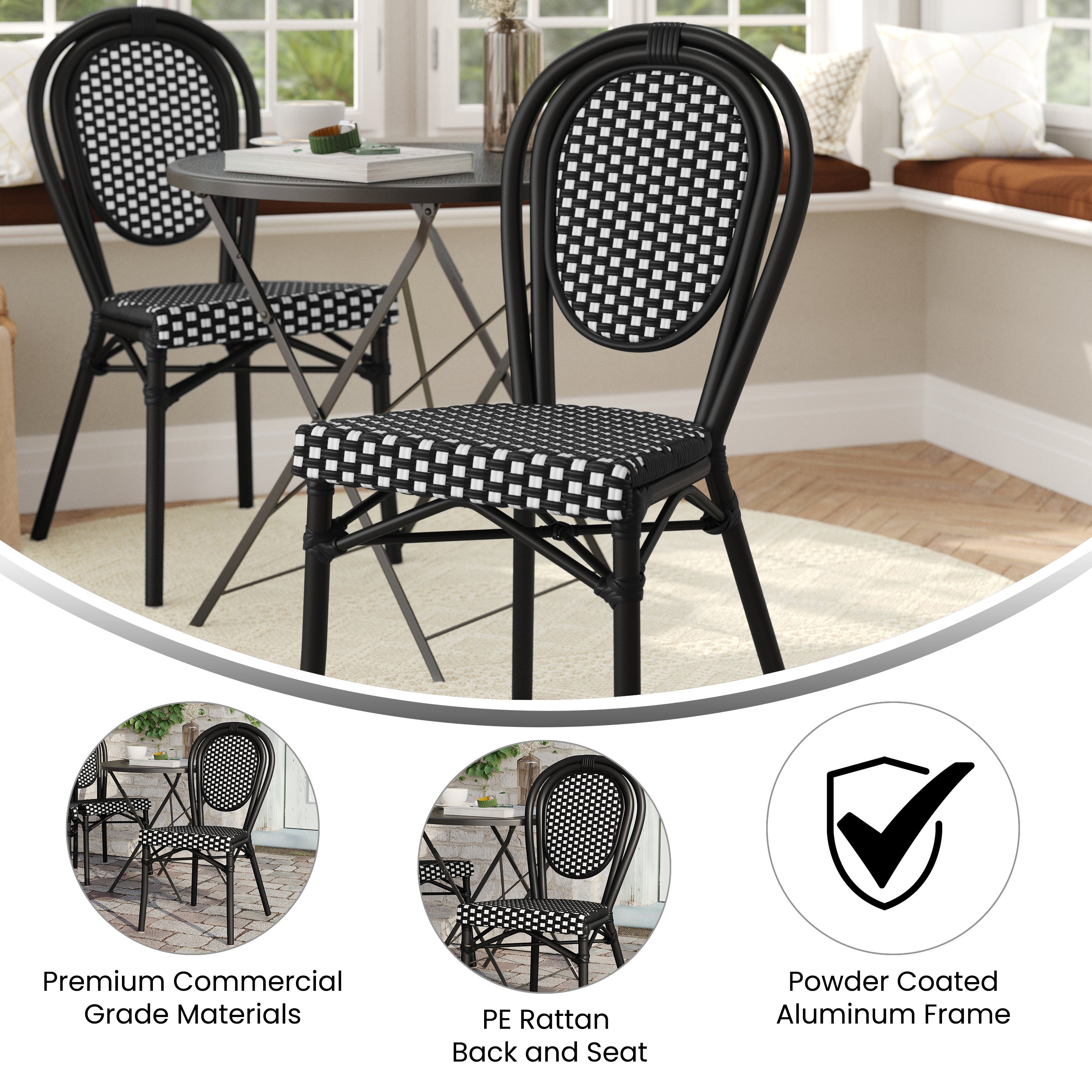 Lourdes Indoor/Outdoor Commercial Thonet Bistro Stacking Chair, Black and White PE Rattan and Black Aluminum Frame
