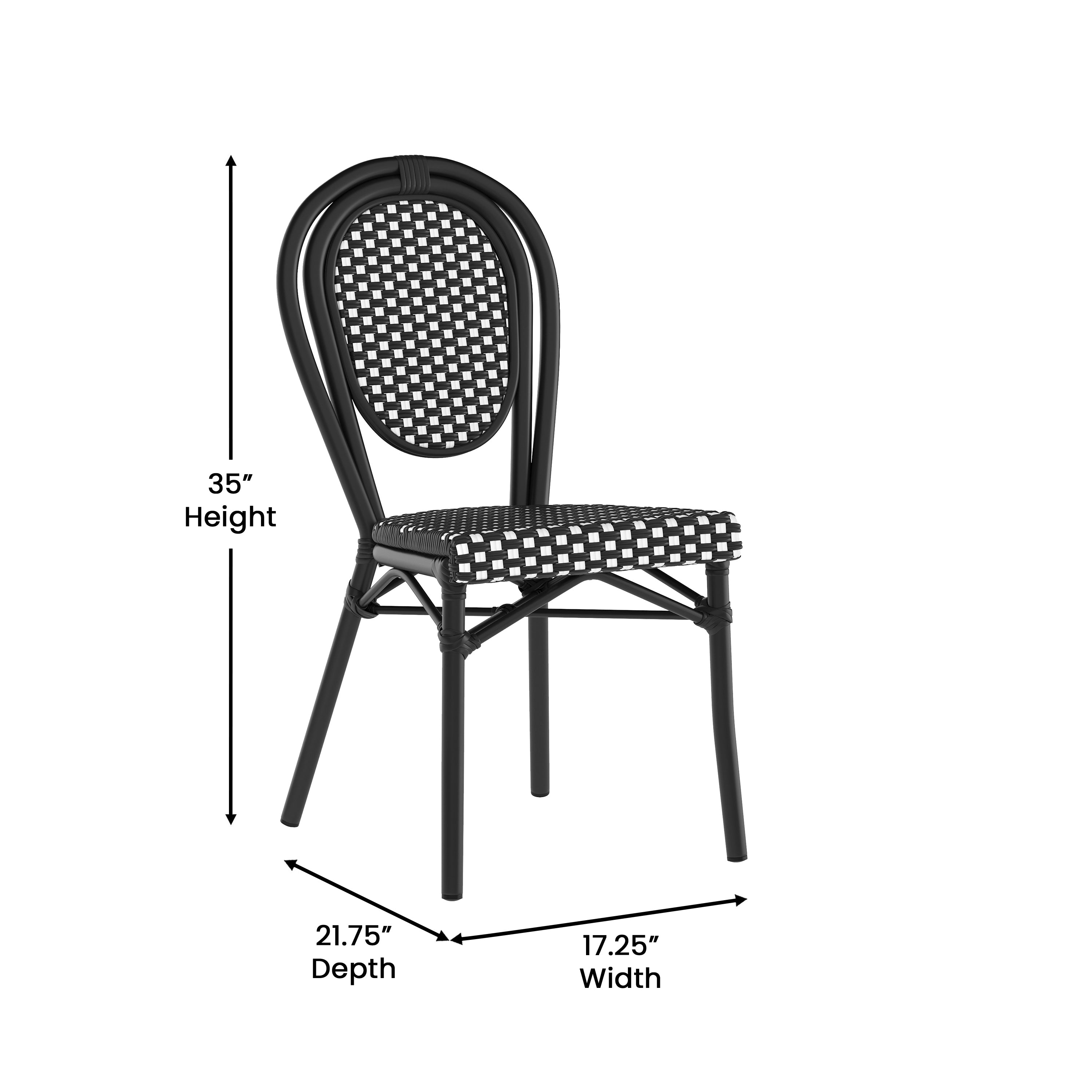 Lourdes Indoor/Outdoor Commercial Thonet Bistro Stacking Chair, Black and White PE Rattan and Black Aluminum Frame