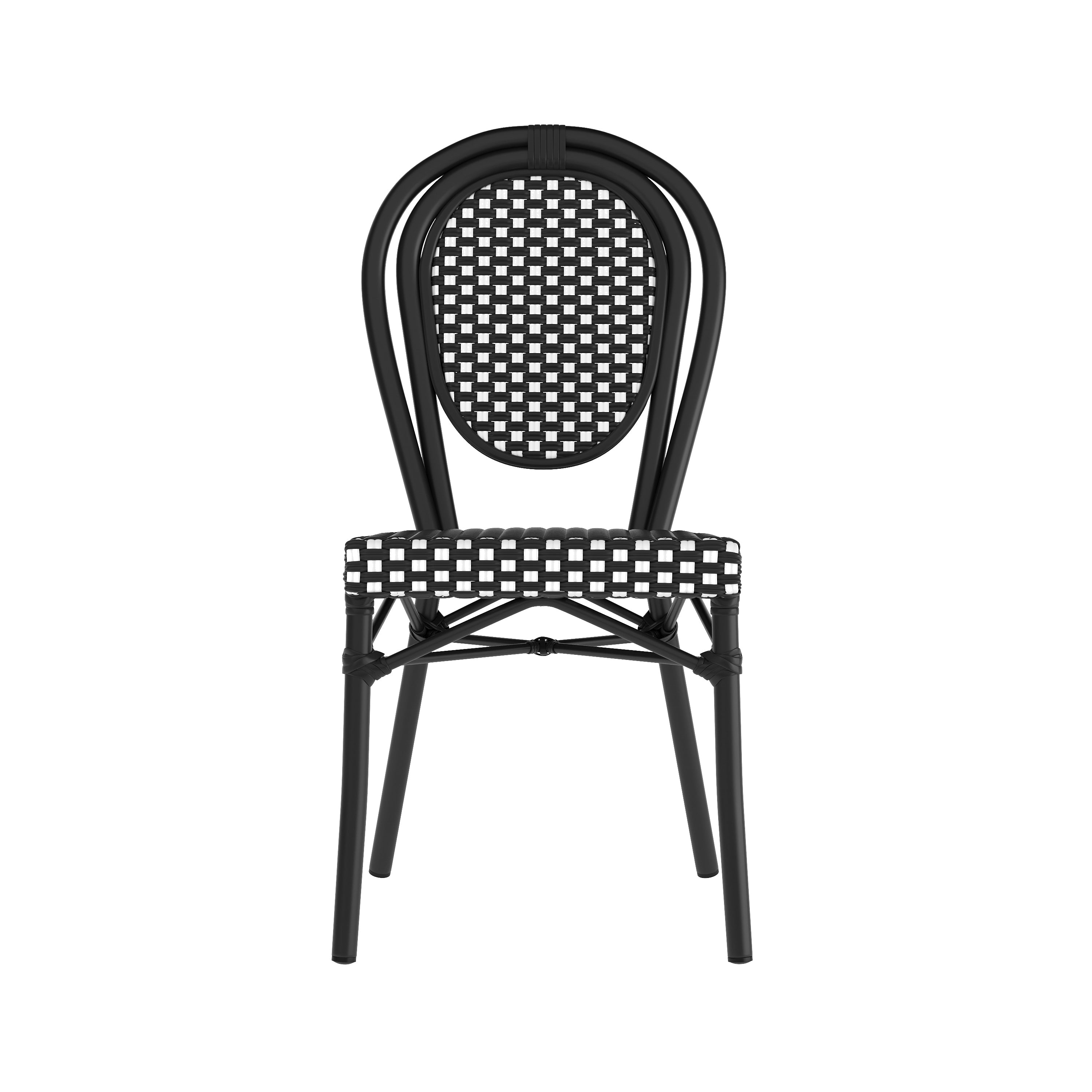 Lourdes Indoor/Outdoor Commercial Thonet Bistro Stacking Chair, Black and White PE Rattan and Black Aluminum Frame
