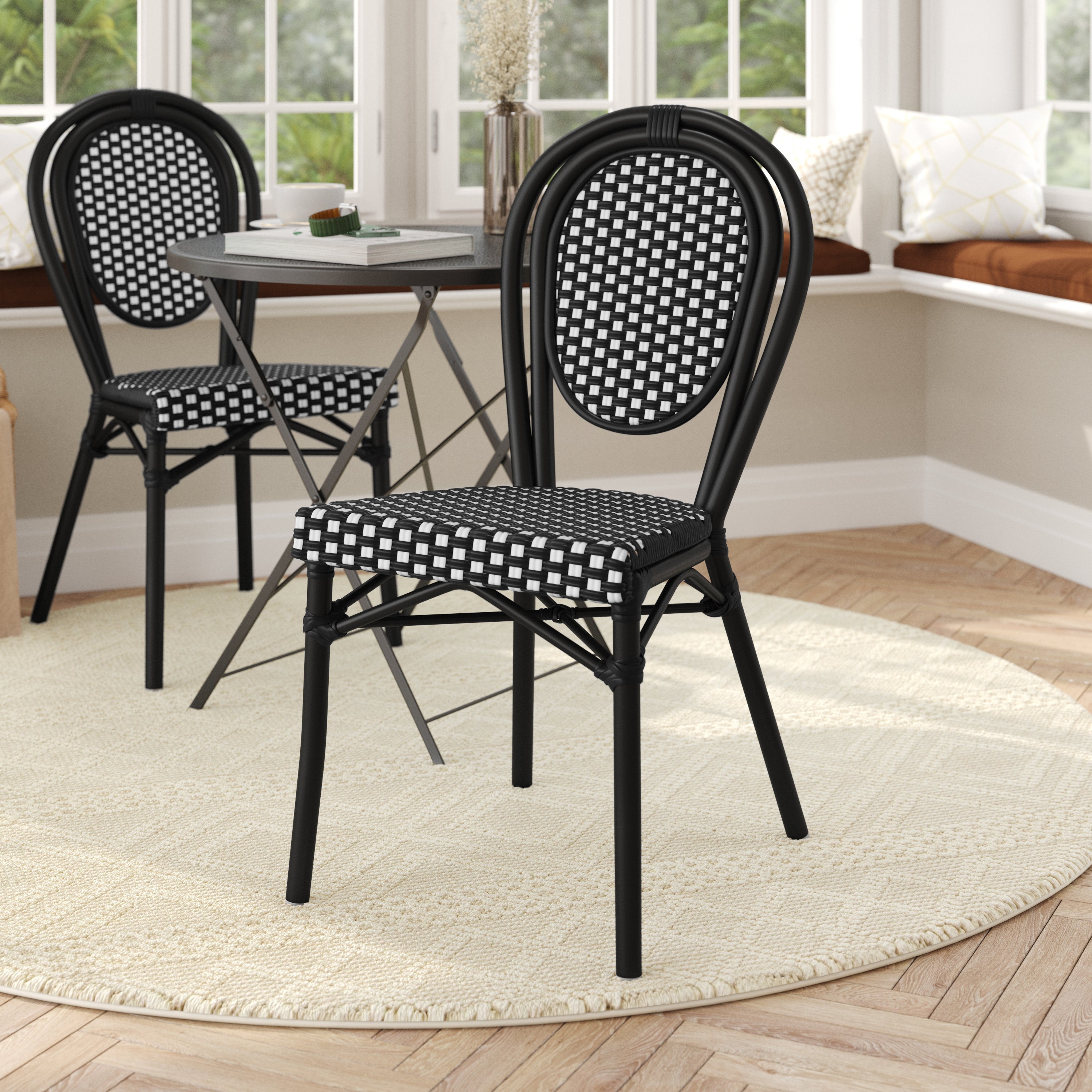 Lourdes Indoor/Outdoor Commercial Thonet Bistro Stacking Chair, Black and White PE Rattan and Black Aluminum Frame