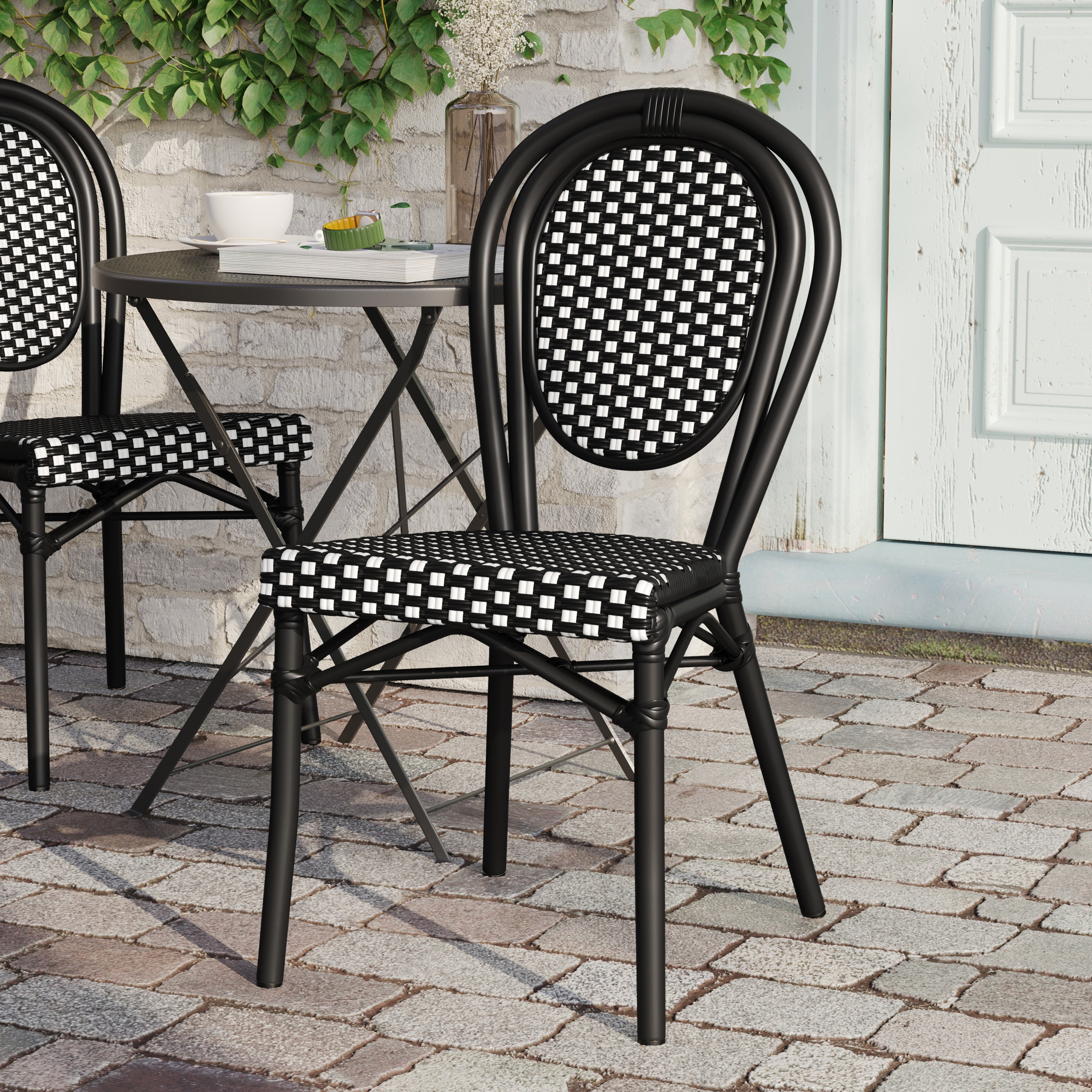 Lourdes Indoor/Outdoor Commercial Thonet Bistro Stacking Chair, Black and White PE Rattan and Black Aluminum Frame