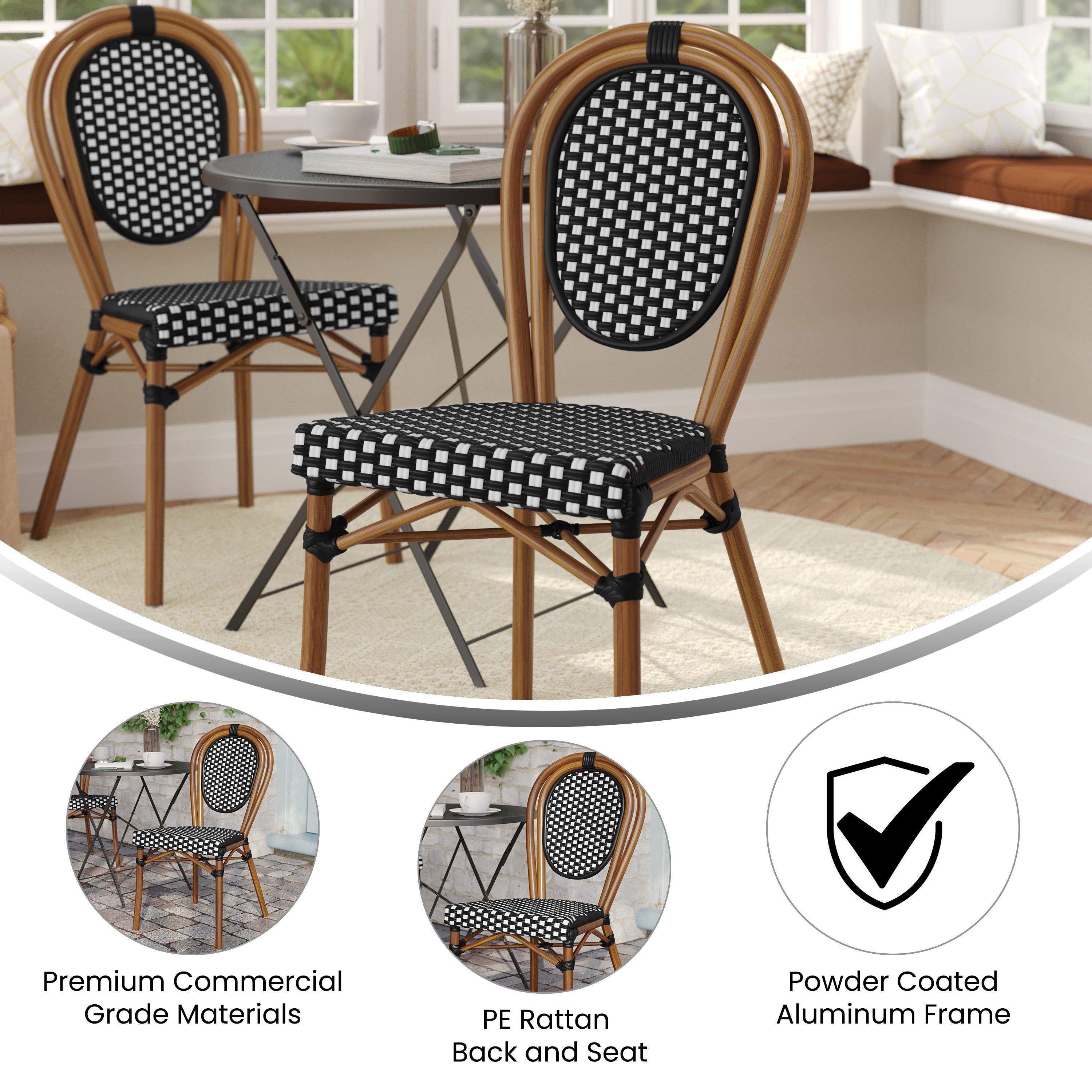 Lourdes Indoor/Outdoor Commercial Thonet Bistro Stacking Chair, Black and White PE Rattan and Bamboo Print Aluminum Frame in Natural