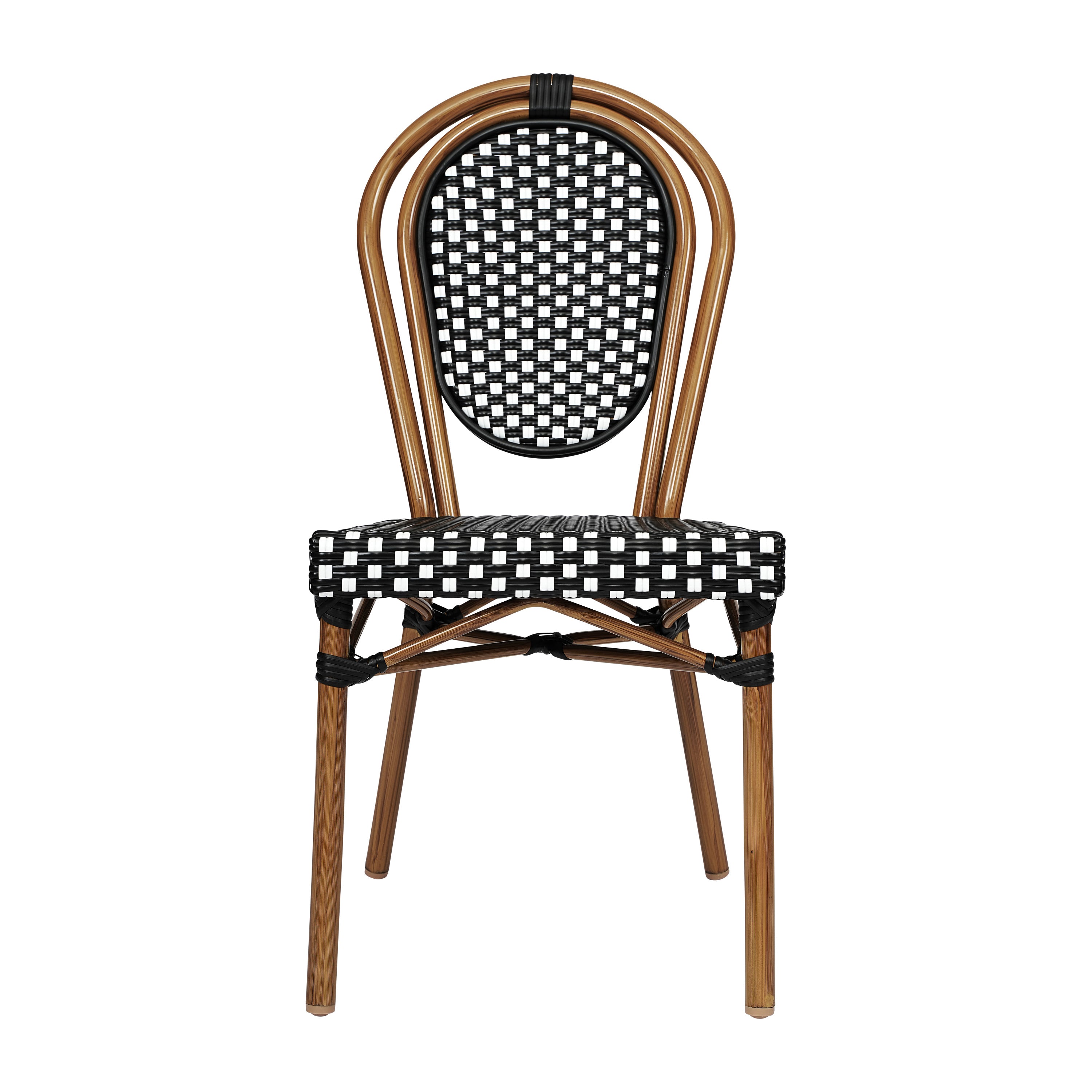 Lourdes Indoor/Outdoor Commercial Thonet Bistro Stacking Chair, Black and White PE Rattan and Bamboo Print Aluminum Frame in Natural