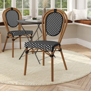 Lourdes Indoor/Outdoor Commercial Thonet Bistro Stacking Chair, Black and White PE Rattan and Bamboo Print Aluminum Frame in Natural