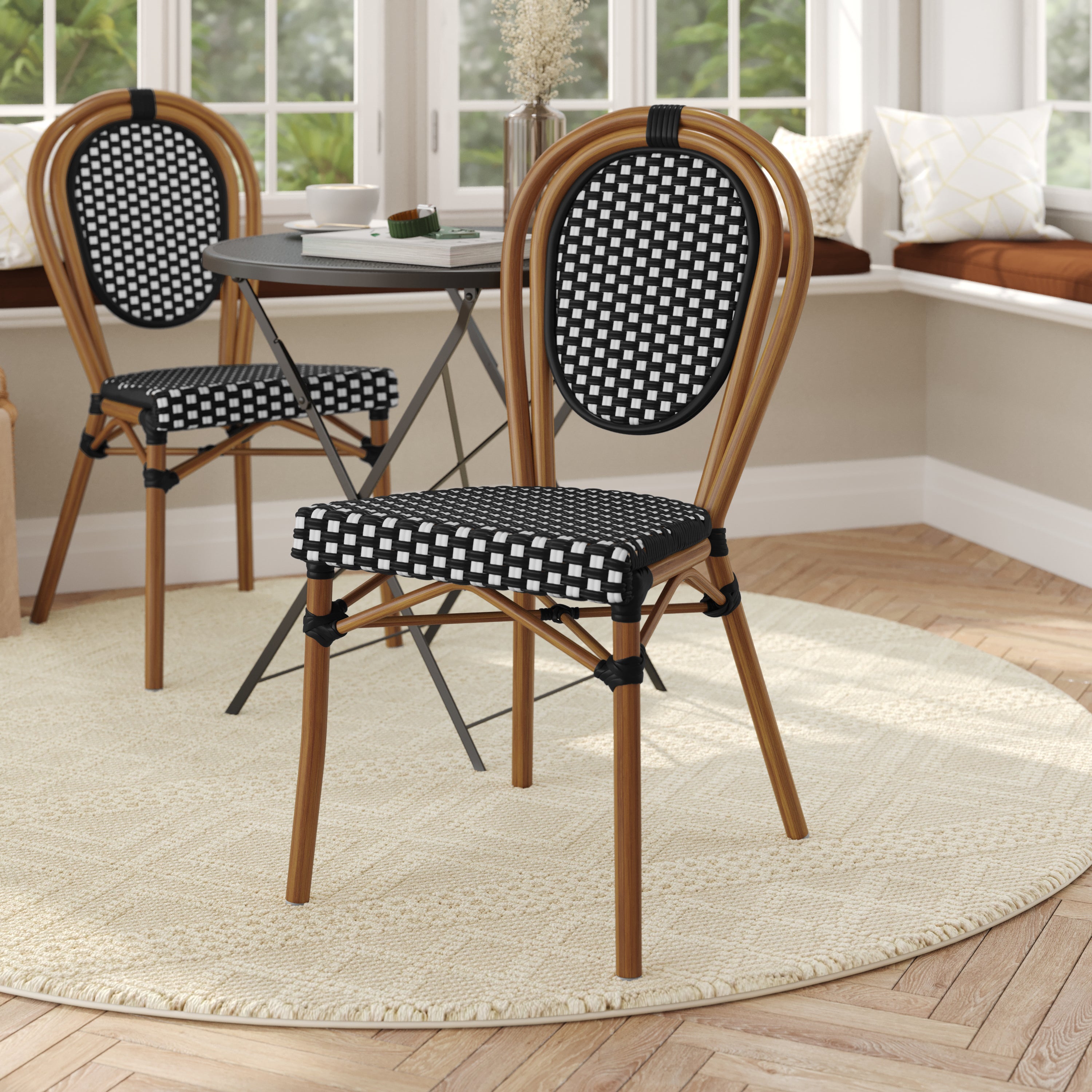 Lourdes Indoor/Outdoor Commercial Thonet Bistro Stacking Chair, Black and White PE Rattan and Bamboo Print Aluminum Frame in Natural