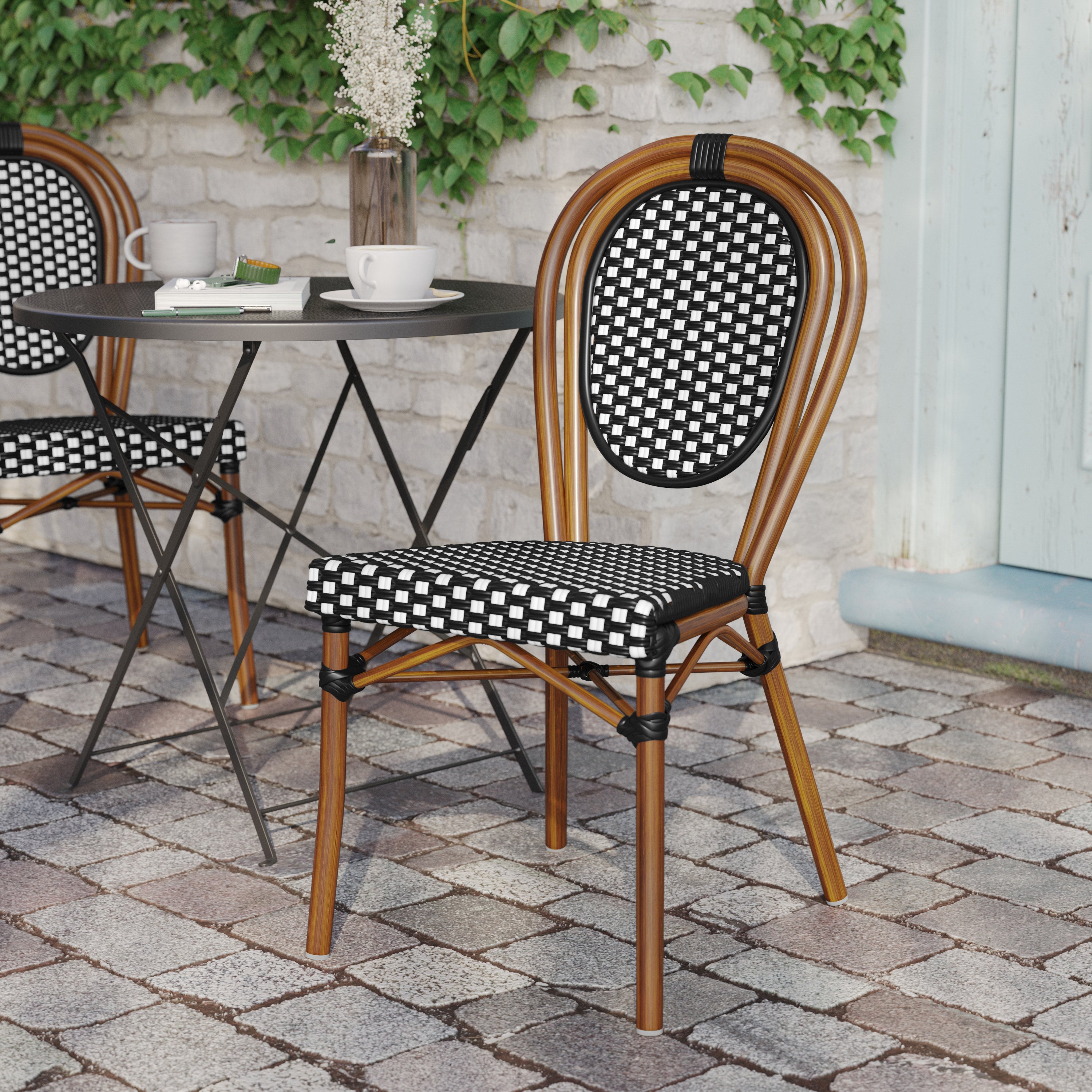 Lourdes Indoor/Outdoor Commercial Thonet Bistro Stacking Chair, Black and White PE Rattan and Bamboo Print Aluminum Frame in Natural