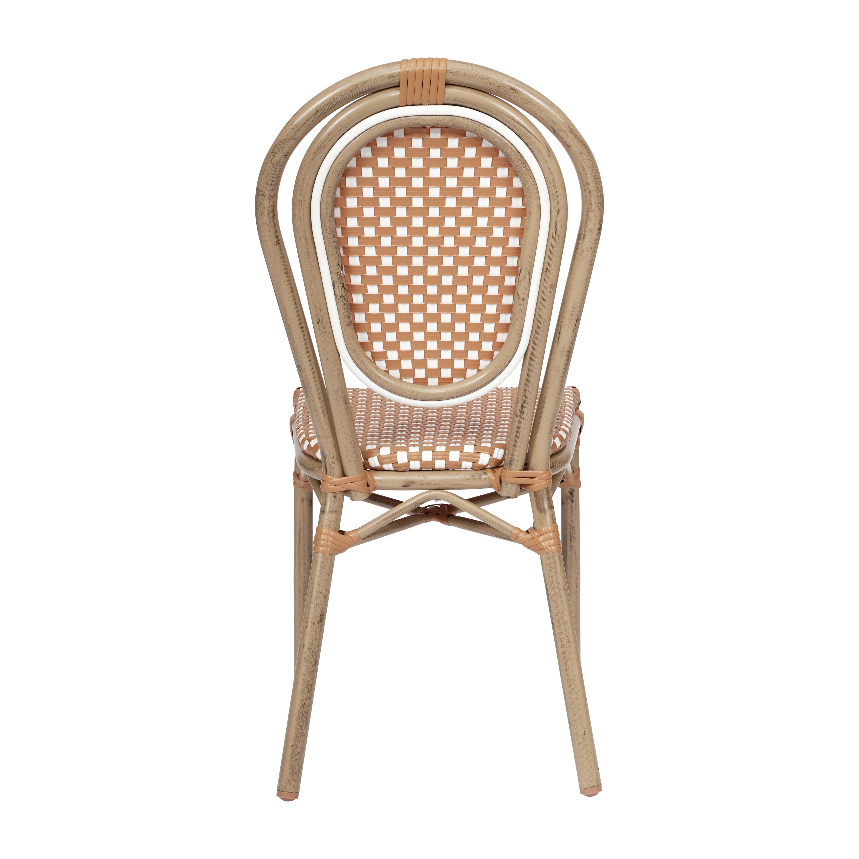 Lourdes Indoor/Outdoor Commercial Thonet Bistro Stacking Chair, Natural/White PE Rattan and Bamboo Print Aluminum Frame in Light Natural