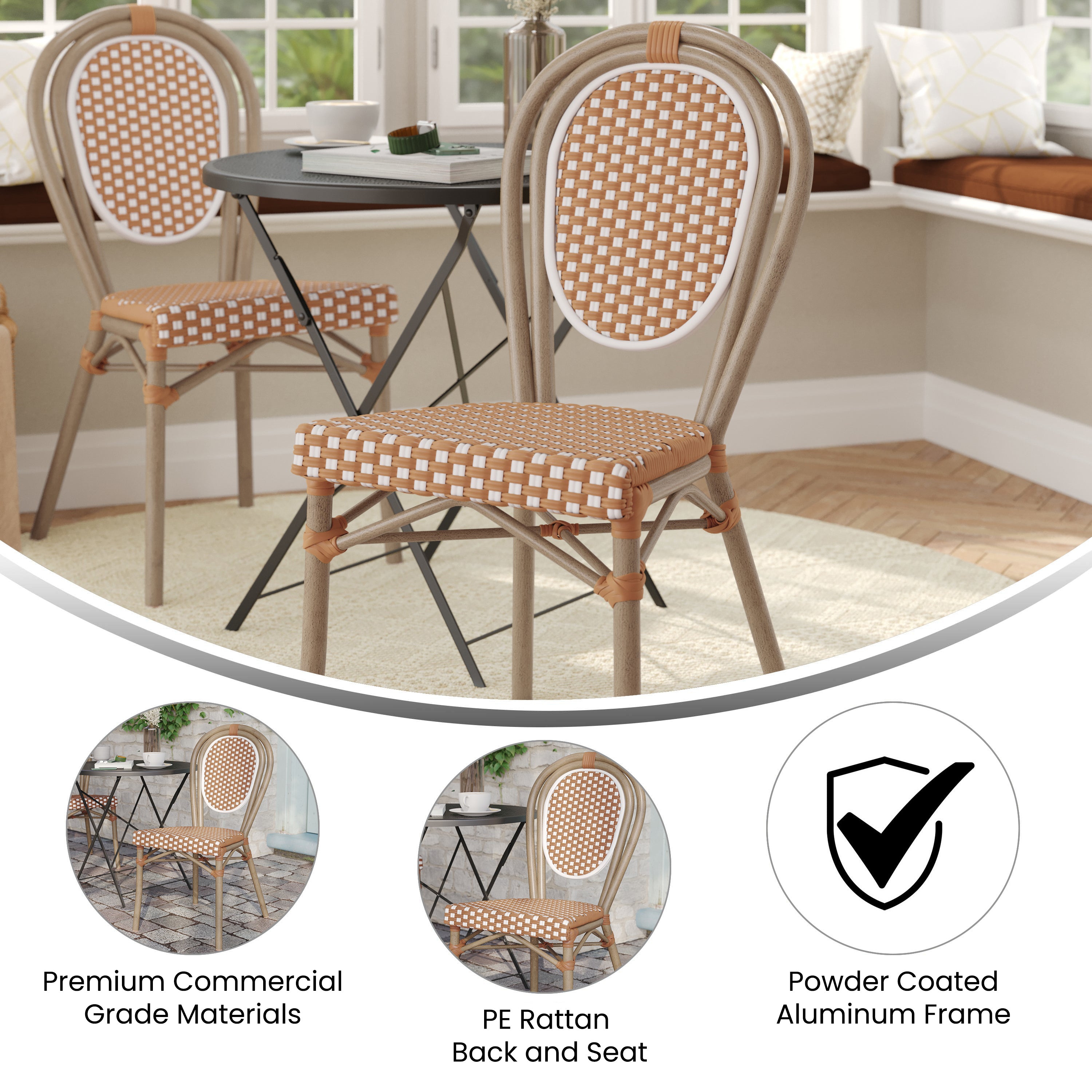 Lourdes Indoor/Outdoor Commercial Thonet Bistro Stacking Chair, Natural/White PE Rattan and Bamboo Print Aluminum Frame in Light Natural